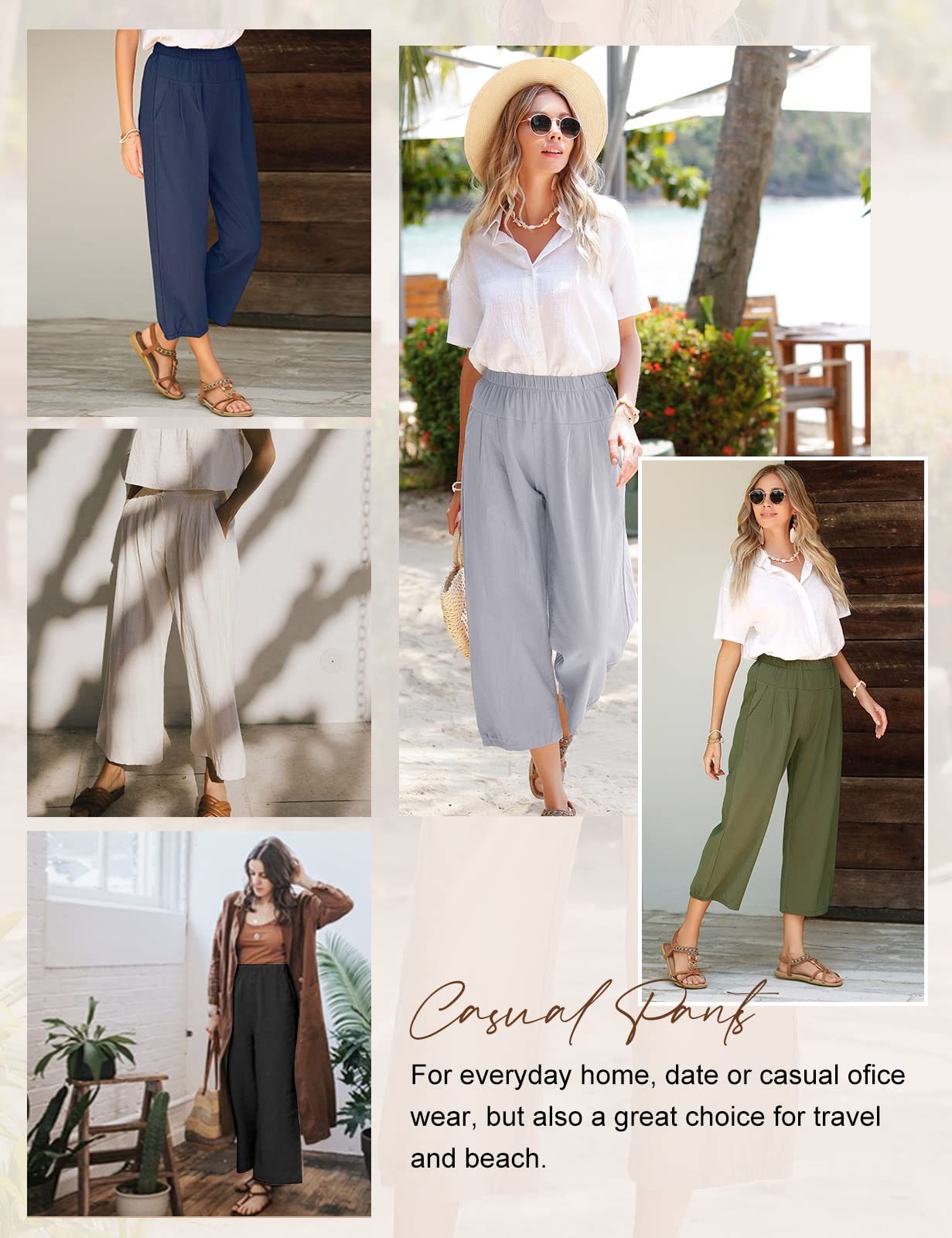 TOMMEEK Pantalones Capri de Lino Anchos 3/4 con Bolsillos, Cintura Alta Elásticos