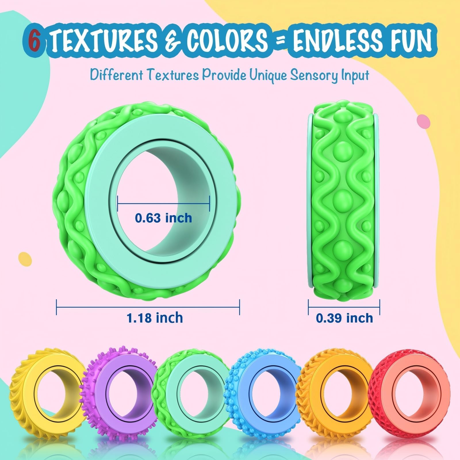 Fidget Ring Toys dla dorosłych i dzieci – 72 sztuki sensorycznych Fidget Spinner z 6 teksturami, bezgłośna zabawka w przypadku stanów lękowych, dla autyzmu ADHD, pomoc w koncentracji, do szkoły i