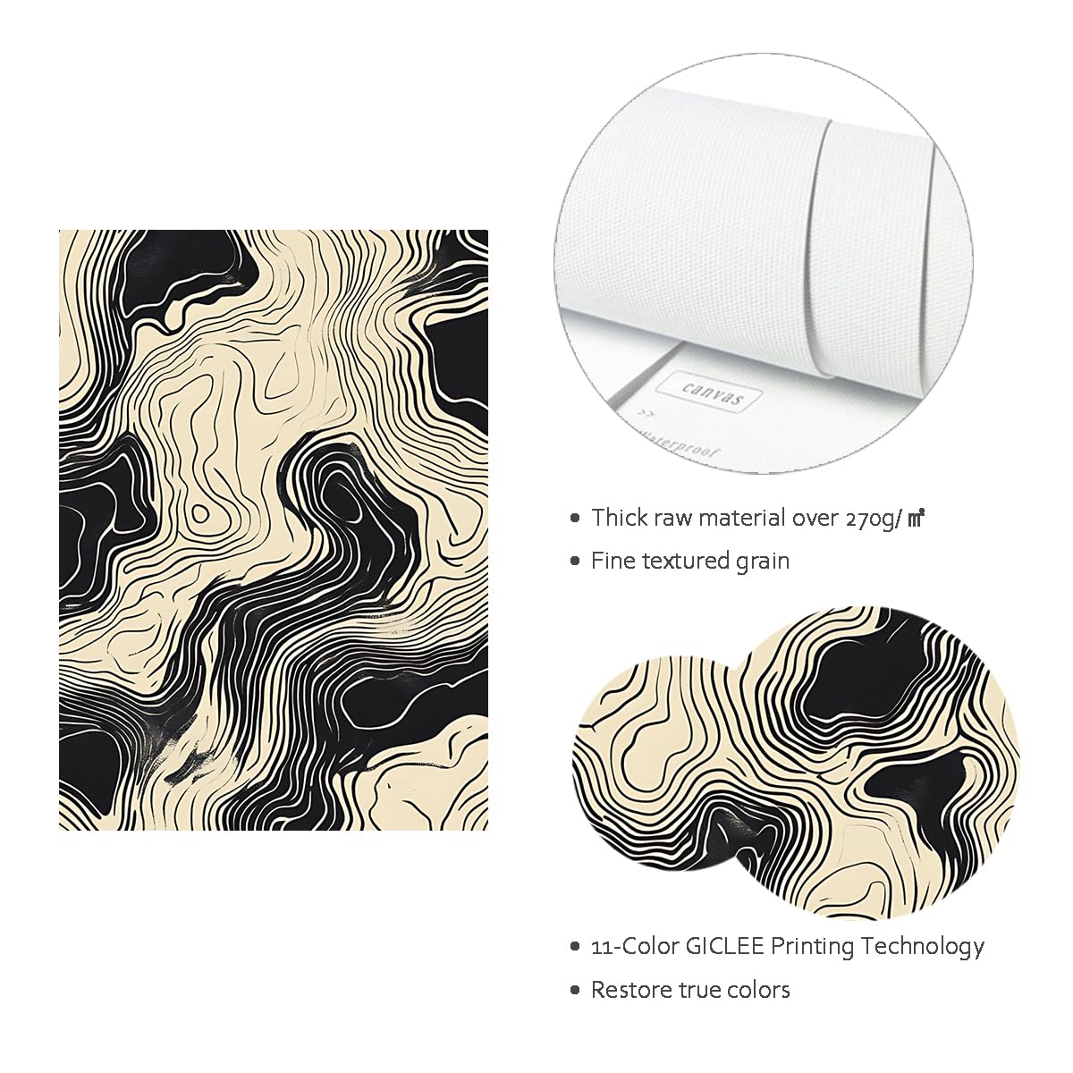 TOANGWALL Czarny Beżowy Mapa Topograficzna Płótno Sztuka ścienna Abstrakcyjne Linie Wzór Nowoczesny Minimalistyczny Zebra Fale Oprawione Mural Plakat do Salonu Biuro Wystrój korytarza 90 x 110 cm