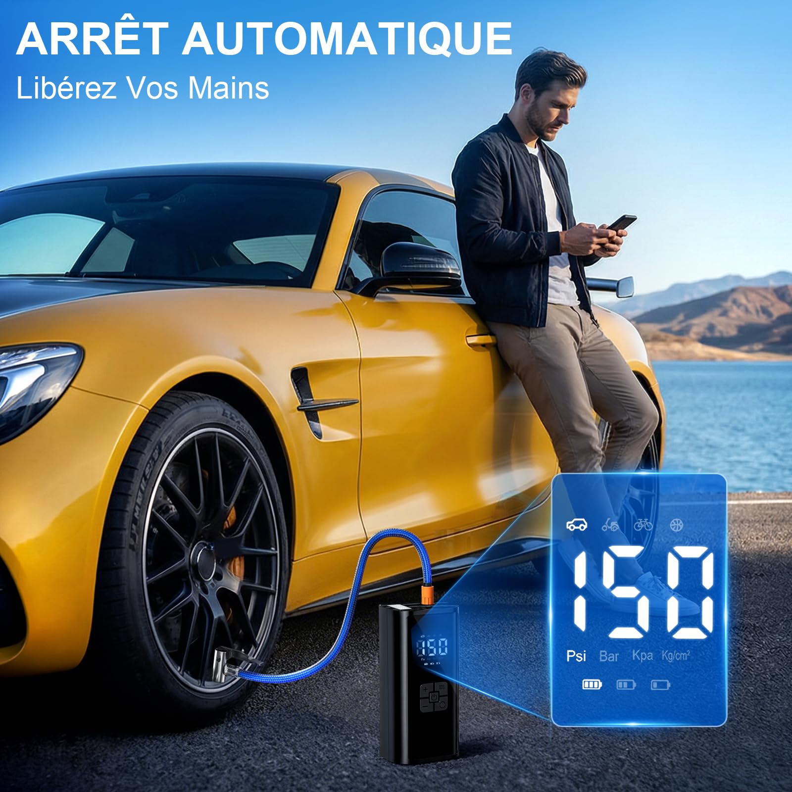 Gonfleur Pneus Voiture Sans Fil, Compresseur à Air Portatif, 150PSI (10,3 Bar) 6000mAh Mini Compresseur Portable avec Lumière LED, Voiture Pour Vélo, Moto, Vcooter, Balles