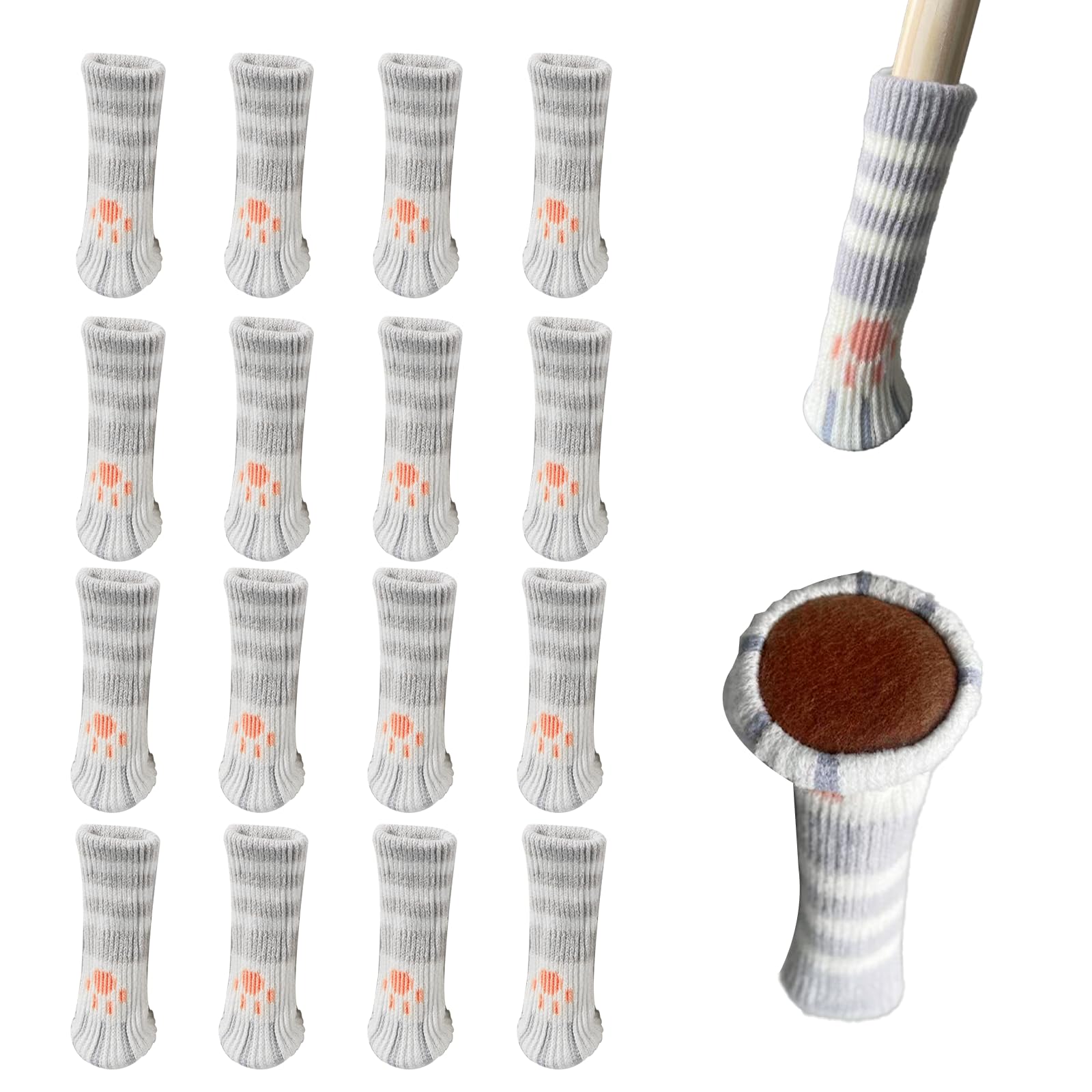 16 Pieces Felt Base Chair Leg Socks Chair Leg Protector Cap Protect Wooden Floor Noise Reduction Cat Paw Pattern (Grey Stripe)