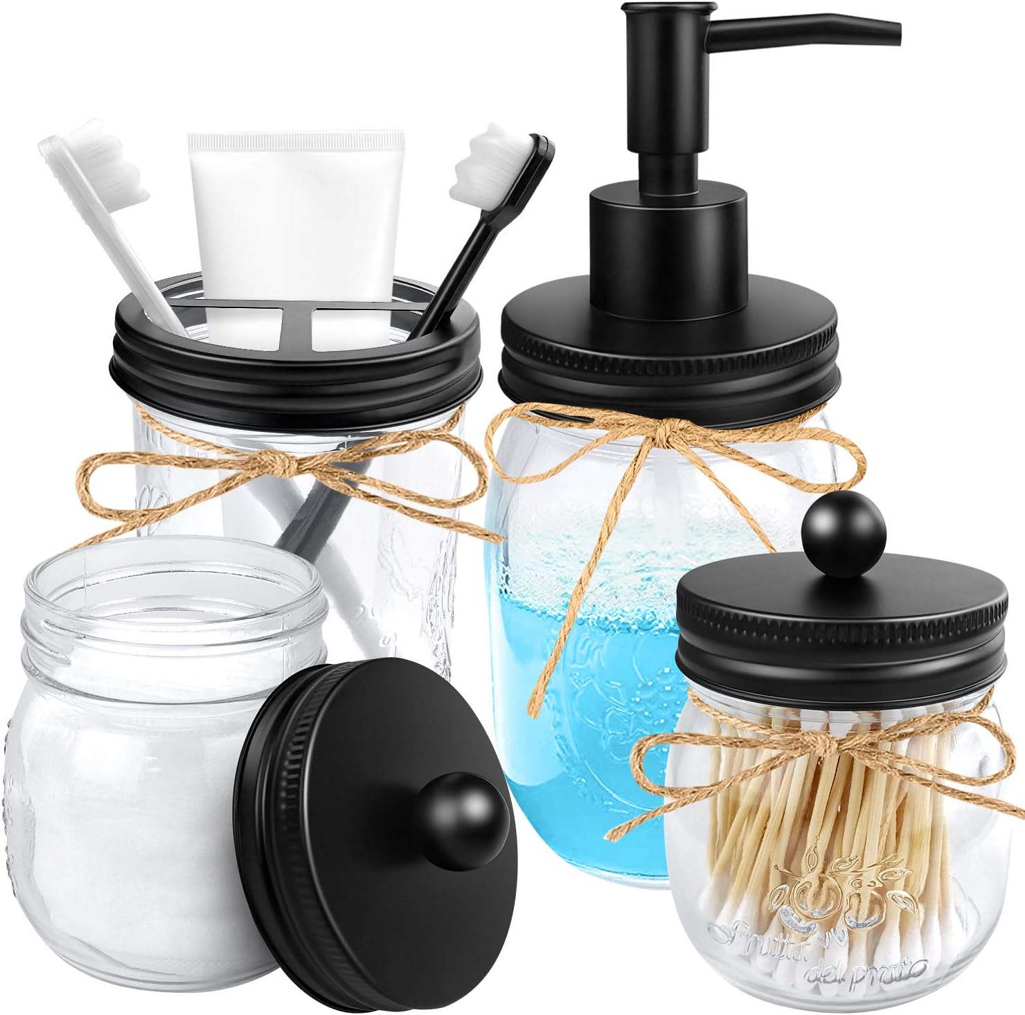 4pcs Rustic Mason Jar Bathroom Accessories Set- Liquid Soap Pump Dispenser and 2 Small Apothecary Storage Glass Jars&Toothbrush Stand Holder for Bathroom, Farmhouse Home Decor, Kitchen Sink (Black)