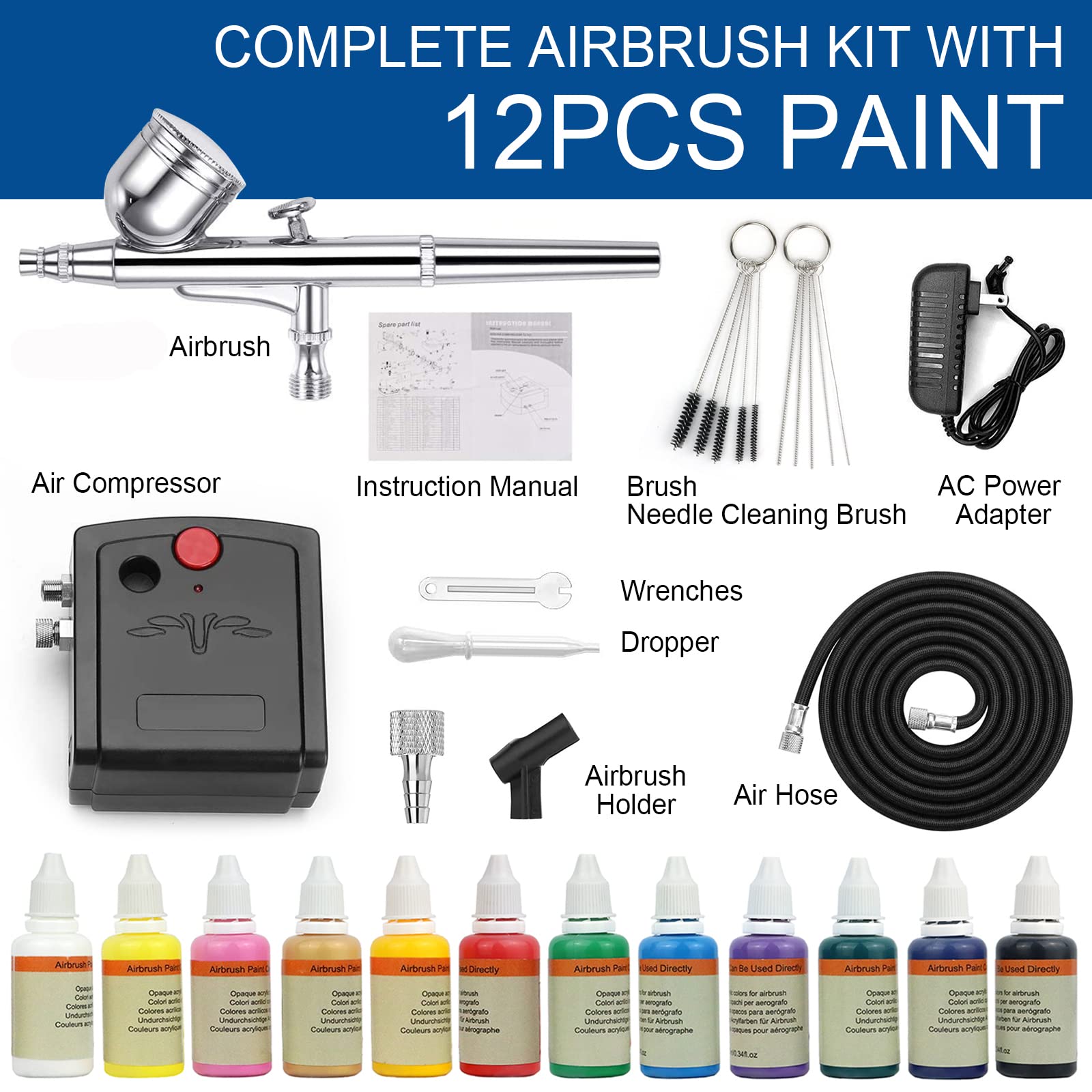 Mini compressore aerografo Completo Professionale Kit con Pittura Colori acrilici per aerografo,12x10ml,Airbrush con Pulizia Pistola aerografo per modellismo,Pasticceria,Unghie,Make up TC-100KS