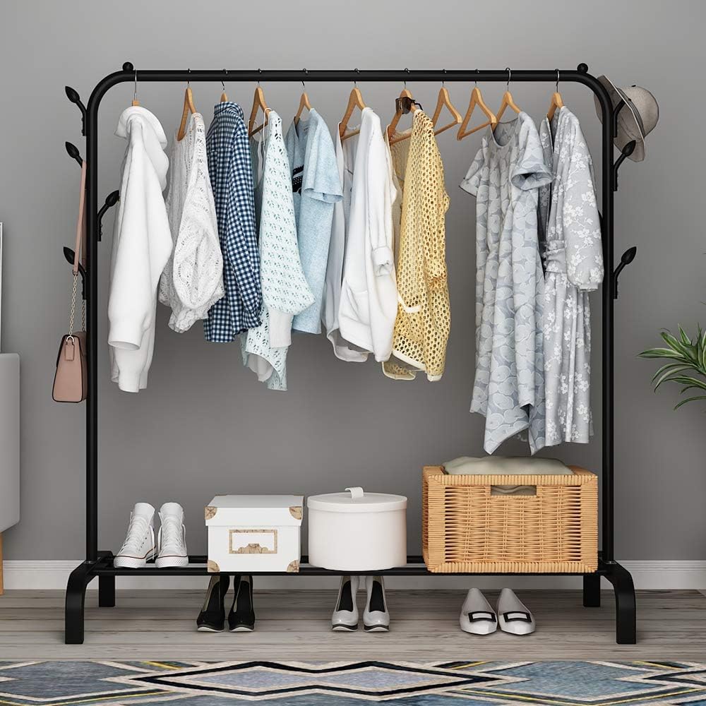 UDEAR Garment Rack Freestanding Hanger Multi-Functional Practical Single Pole Bedroom Clothing Rack, 8 Hooks,Black