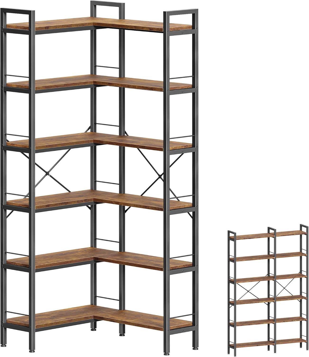Huuger 6 Tier Bookshelf, L Shaped Corner Bookshelf with Open Shelves, 49.4 Inch Straight Wide Bookcase with Metal Frame and Wooden Board, Adjustable Feet, Rustic Brown 6 Tier Rustic Brown