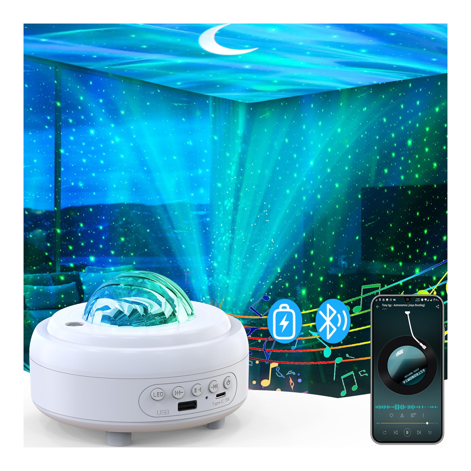 HUMIIEYE Proiettore di stelle con altoparlante Bluetooth, 1800 mAh alimentato a batteria, proiettore galassia, proiettore aurora boreale con luna, illuminazione ambientale per camera da letto, bambini