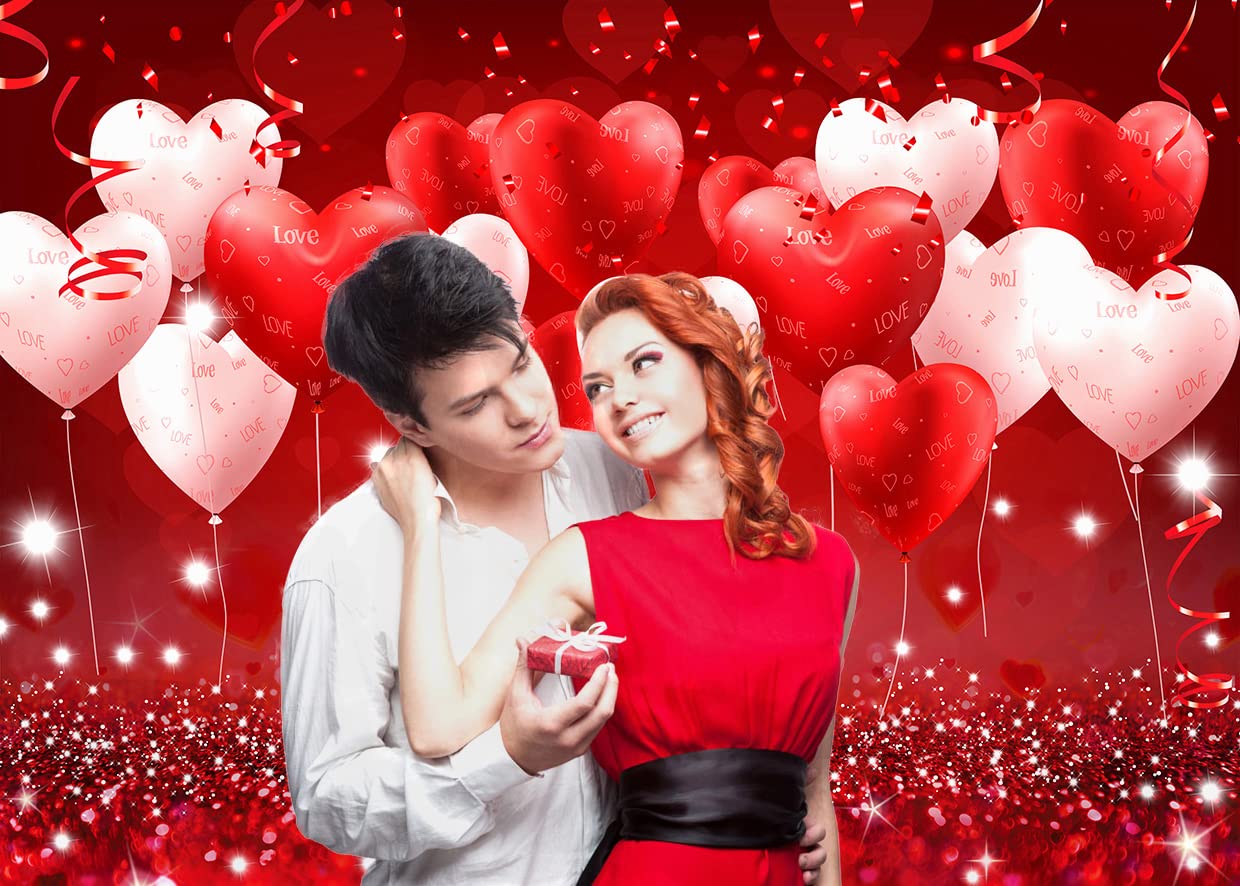 Valentinstag-Hintergrund Stoff – 2,1x1,5 M Mit Roten Herzen & Luftballons