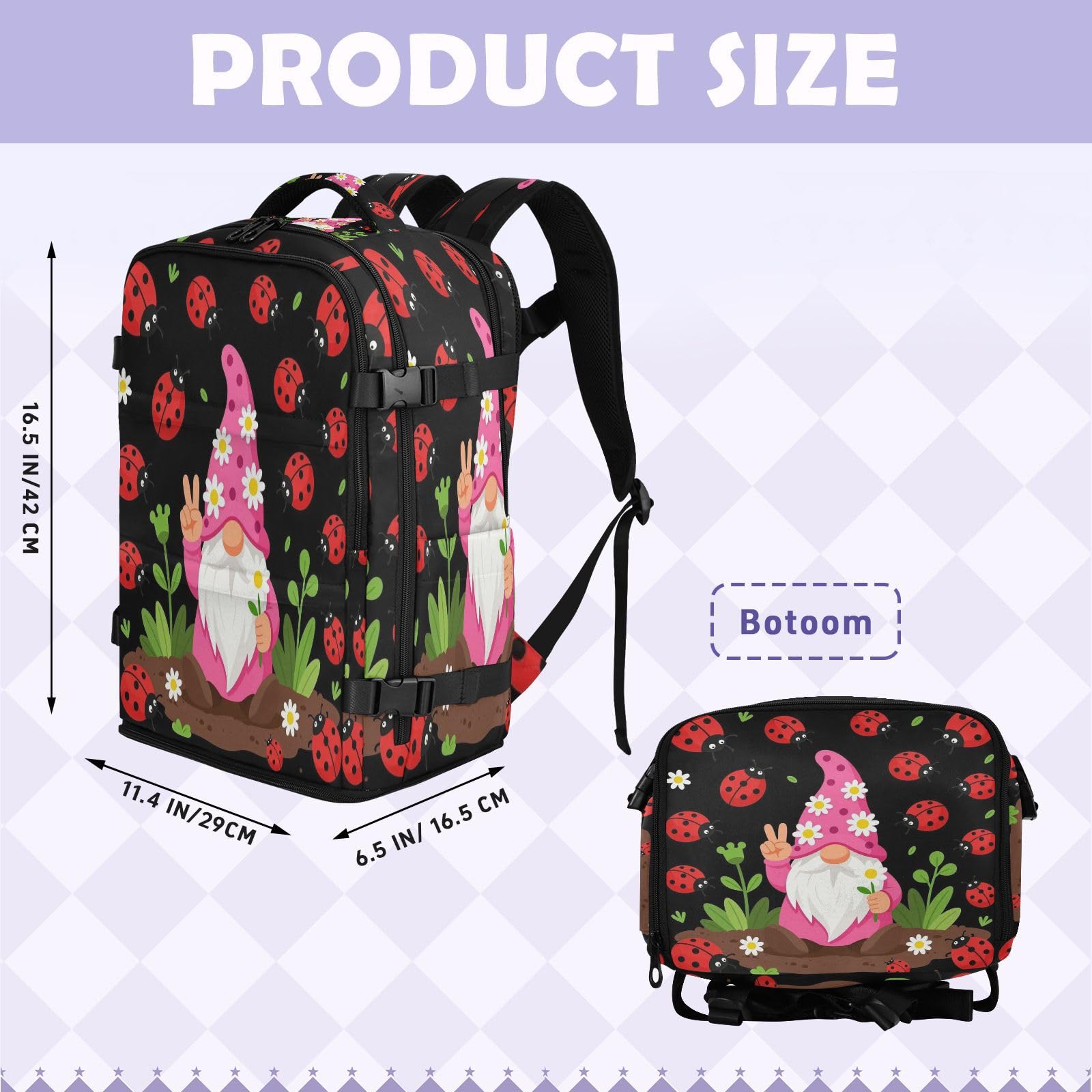 Mały plecak podróżny niezbędnik do samolotów 20 l | Lekka torba na laptopa Peace Love Gnome Lady Bugs Travel Essentials dla kobiet praca bolso para laptop 20L