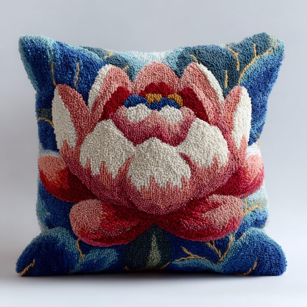 Henypt DIY Latch Hook Cushion Kit 43x43cm,Beautiful Lotus Complete Needlecraft Set with Pre-Cut Yarn & Tools,Creative Home Decor Gift for All Ages