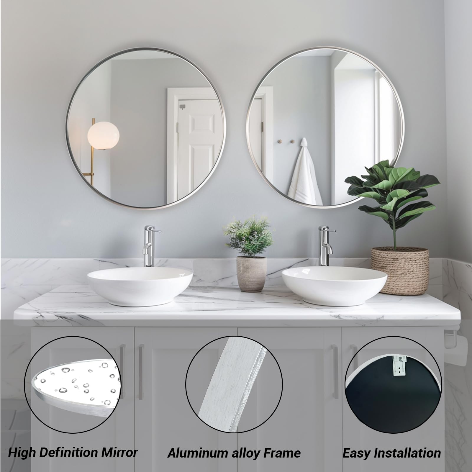 Sunniry Silberner runder Spiegel, 50,8 cm, Aluminiumrahmen, Wandmontage, Modern, Badezimmer