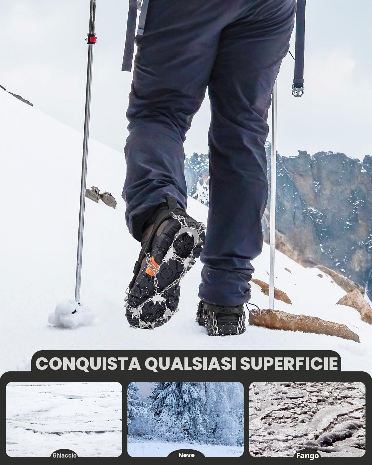 Sportneer Ramponi per Scarponi, 28 Punte Ramponi da Ghiaccio a trazione 201 Inox Copertura Antiscivolo per Scarpe da Neve, Protezione sicura per Camminare, Jogging, Pesca