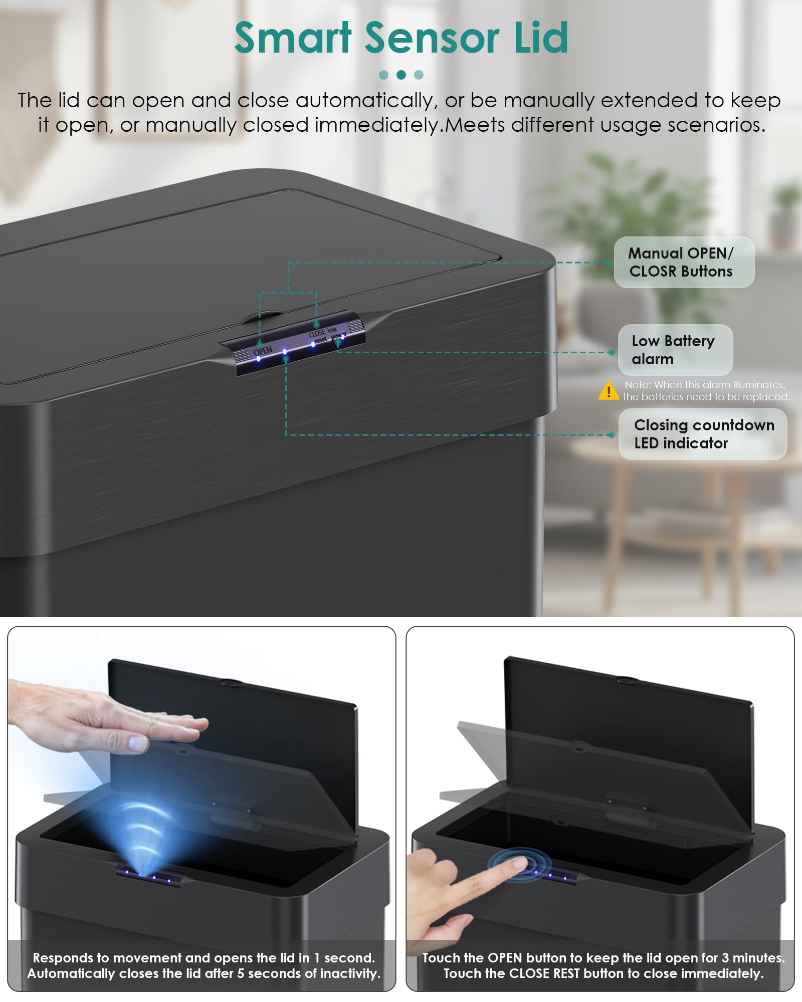 LIFERUN Mülleimer mit Sensor 50l, Mülleimer Küche 50 Liter,schwarz | automatischer Abfalleimer, Öffnen per Handbewegung oder Berühren, Softclose-Deckel, aus Edelstahl
