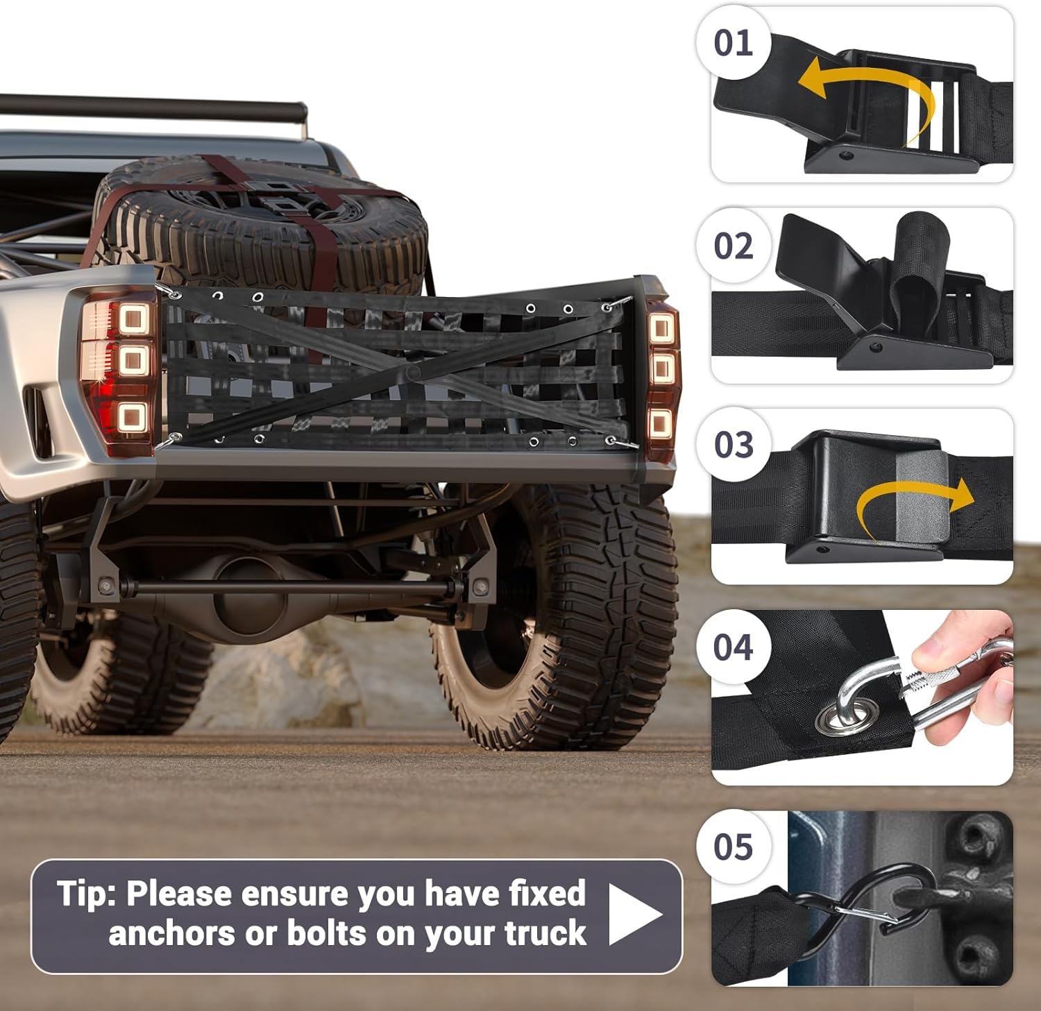 Rete per portellone posteriore Heavy Duty per letto camion, Cargo Net Durable Truck Bed Extender portellone posteriore Cargo Net con 4 fibbie regolabili, perfetta per camion, rimorchi, pickup, barca,