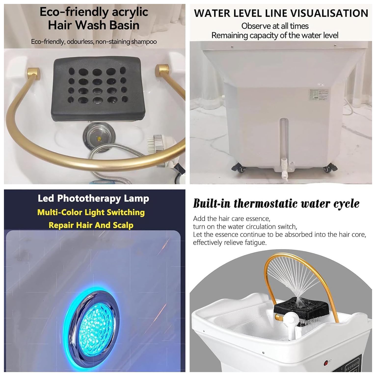Cuenco de champú para peluquería, equipo de spa para la cabeza, con depósito de almacenamiento de agua de 60 L, doble control de circulación de agua, para salones y spas mesa de masaje