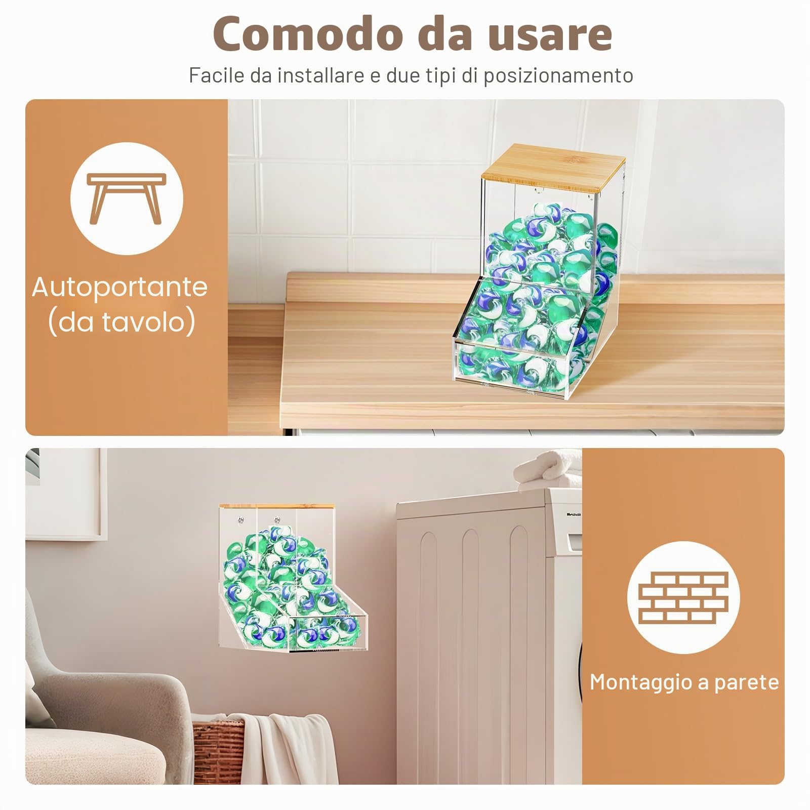 JYPS Confezione da 2 contenitori per bucato, dispenser per caramelle in acrilico con 2 coperchi, supporto o parete per detersivo per bucato, dispenser per lavanderia, cucina, capsule di caffè/capsule