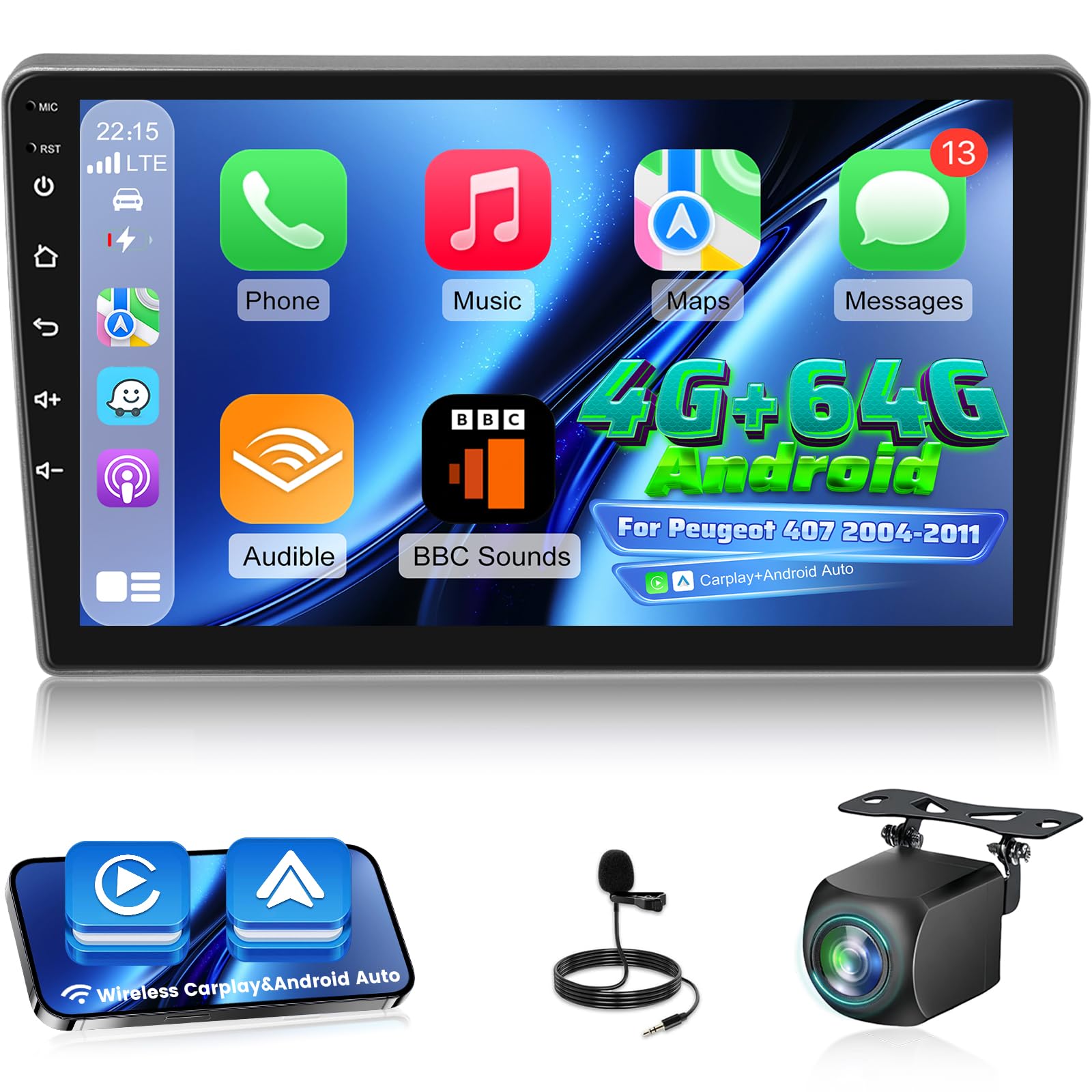 [4G+64G] Android Autoradio pour Peugeot 407 2004-2011 avec Carplay & Android Auto sans Fil, Écran Tactile IPS 9 Pouces avec GPS, WiFi, 32EQ, Bluetooth 5.0, Radio FM/RDS