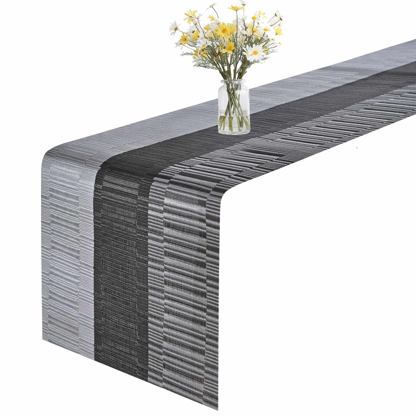 GIVERARE Table Runner, 12x53 Heat-Resistant Woven Vinyl Long Tabletop, Non-Slip Washable PVC Table Runners, Easy to Clean Premium Plastic Dresser Cover for Wedding, Decor, Home, Art (Black+Silver)