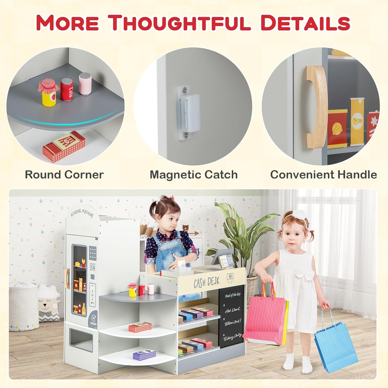 GLACER Grocery Store Pretend Play, Wooden Kids Grocery Store Playset w/15 PCS Accessories, Cash Register, POS & Vending Machine, Chalkboard, Play Store for Toddler 3-8, Gift for Boys & Girls(Gray)