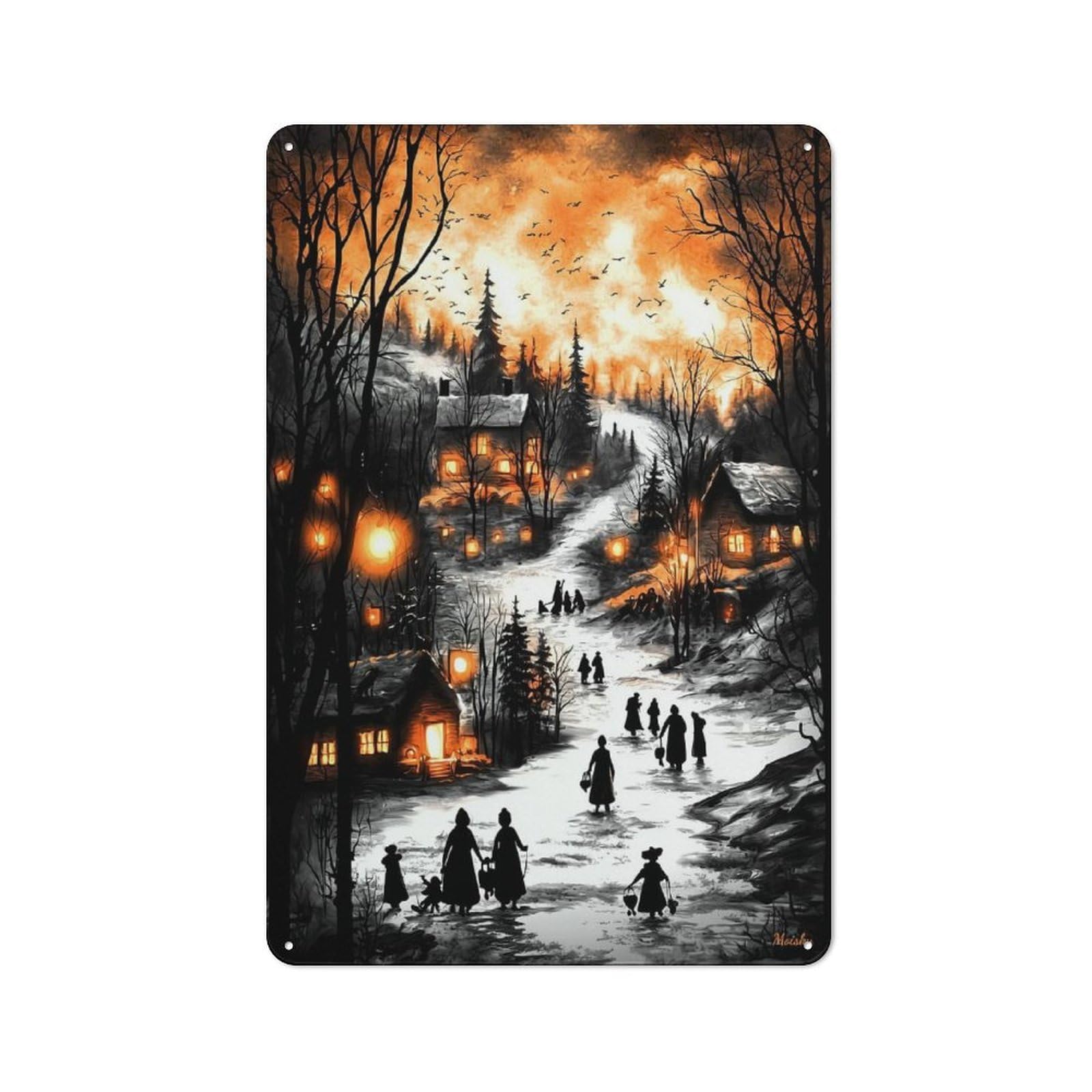 Junmoney Vintage Winter Glow – Lantern-Lit Village In Tin Wall Plaque 30X20cm With A Snowy Twilight For Home Bar Wall, For Hosts Who Enjoy Retro Interiors Refreshing A Room In Autumn
