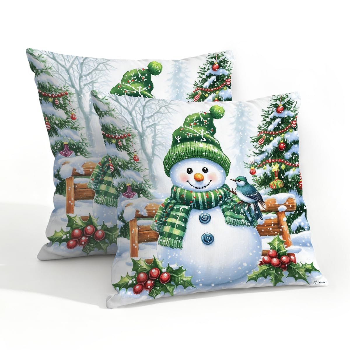 Outdoor Pillow Covers Waterproof Pillowcases 20x20IN Set of 2 Christmas Tree Snowman Green Scarf Decorative Throw Cushion Case for Couch Sofa Garden Patio Furniture