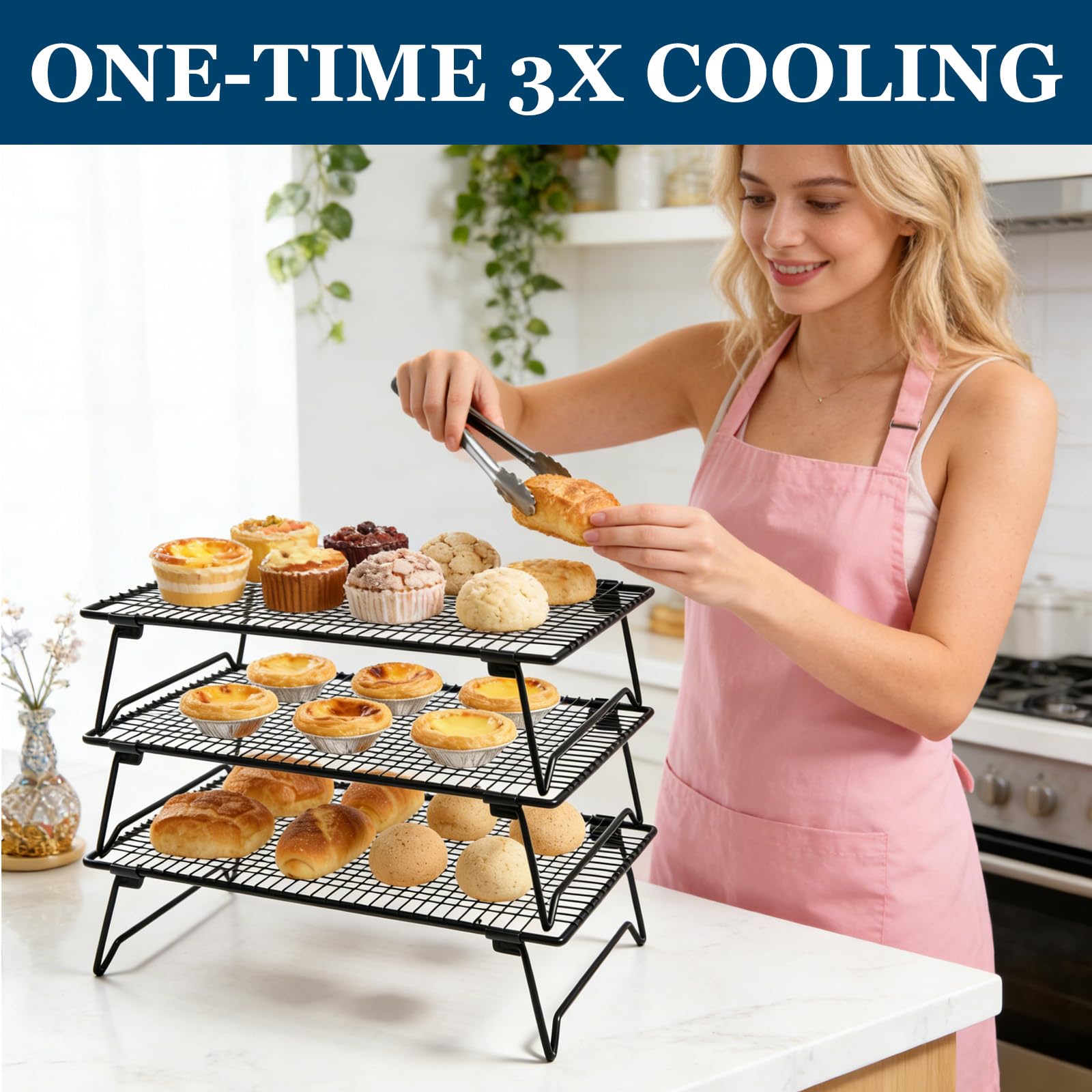 Grille de Refroidissement Patisserie 3 Niveaux Acier Carbone Antiadhésive 43x28x8cm Pliable Empilable