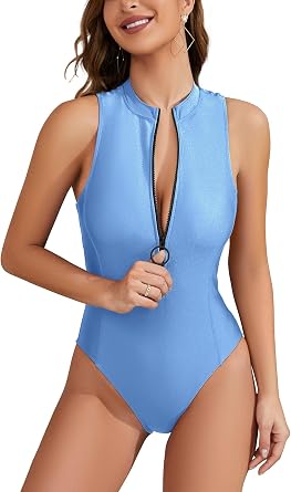 SHEKINI Women's Sporty One Piece Bathing Suits High Neck Rash Guard Leotards Zipper Swimsuit