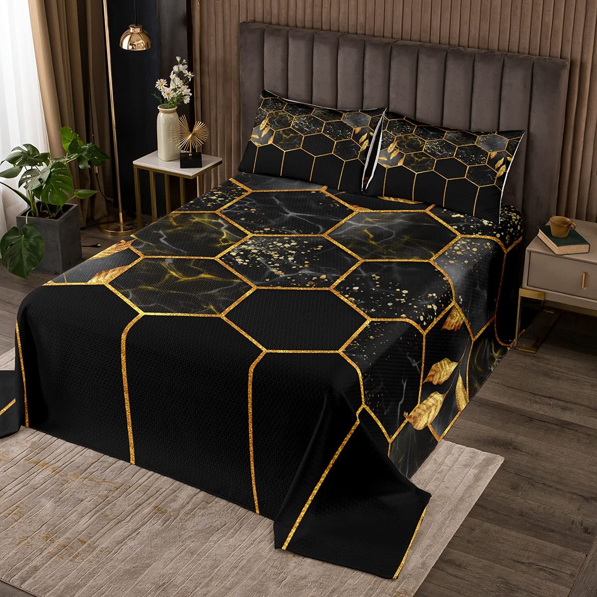 AILONEN Set Biancheria Letto Matrimoniale Marmo Floreale – 3 Pezzi: Trapunta 170x215 Cm + 2 Federe 50x76 Cm – Morbido E Leggero