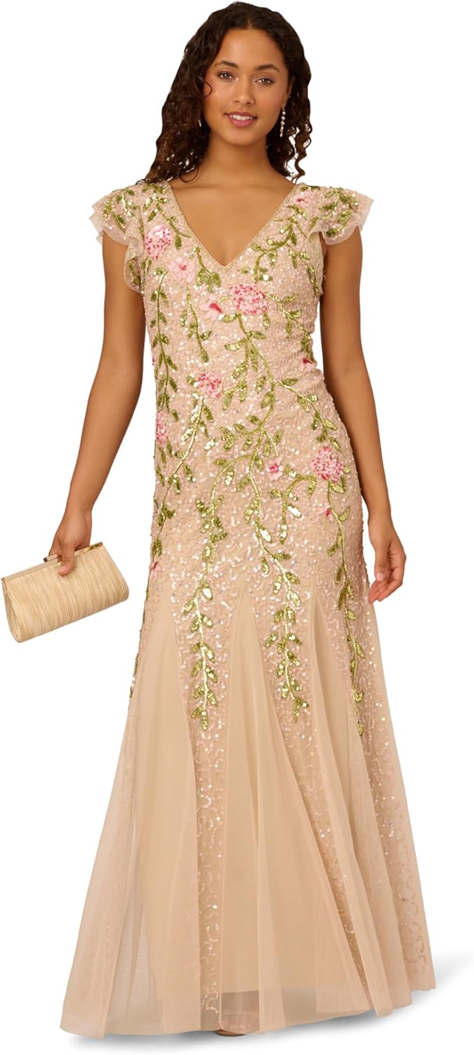 Adrianna Papell Womens Beaded Mesh Flutter Dress - Image 4