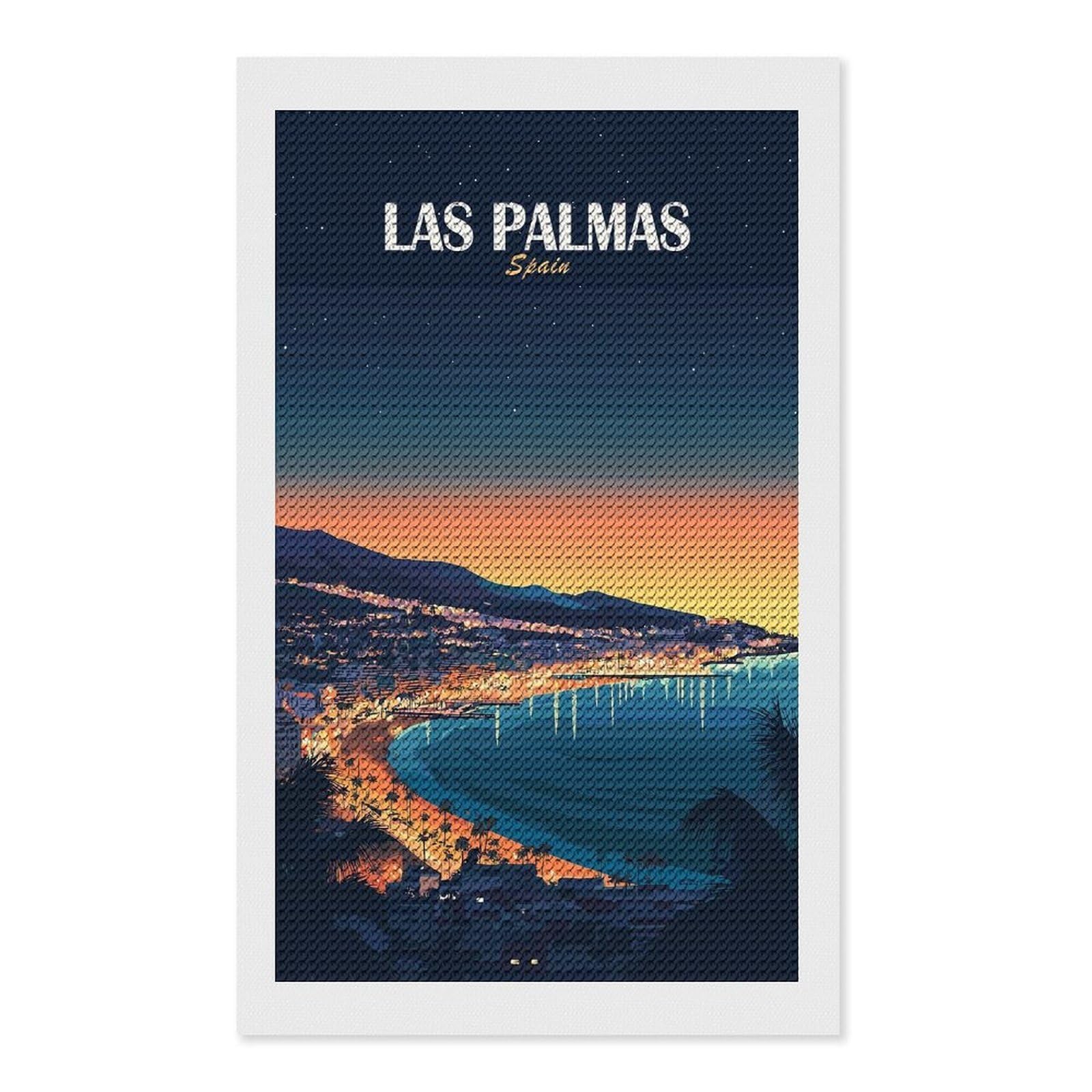 Junmoney Las Palmas, Spain Travel Diamond Art Canvas 12"x20", for Adults, Good for Quiet Evenings, Bedroom Decor, Festive Craft Gift, Easy to Enjoy