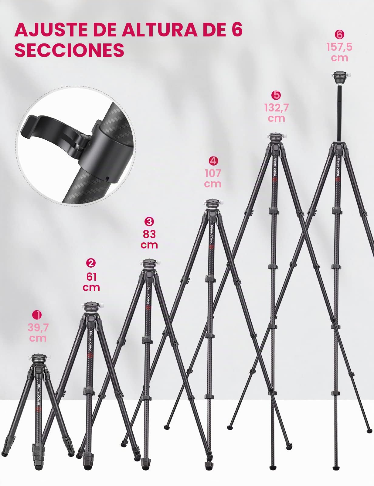 ULANZI Trípode de Viaje Zero Y, trípode de cámara de Carbono con Cabeza de Bola panorámica de 360° y arrendamiento rápido Arca, trípode de fotografía con Columna Central Desmontable, Capacidad de