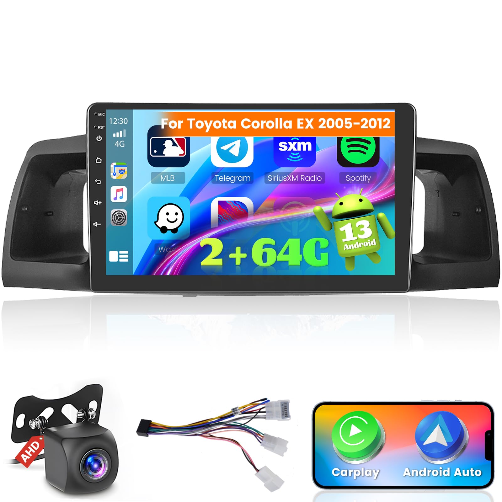 [2+64G] Hikity Android 13 Car Stereo for Toyota Corolla EX 2005-2012, 9'' Touch Screen Car Radio with Wireless CarPlay Android Auto GPS Mirror Link WiFi BT FM/RDS MIC