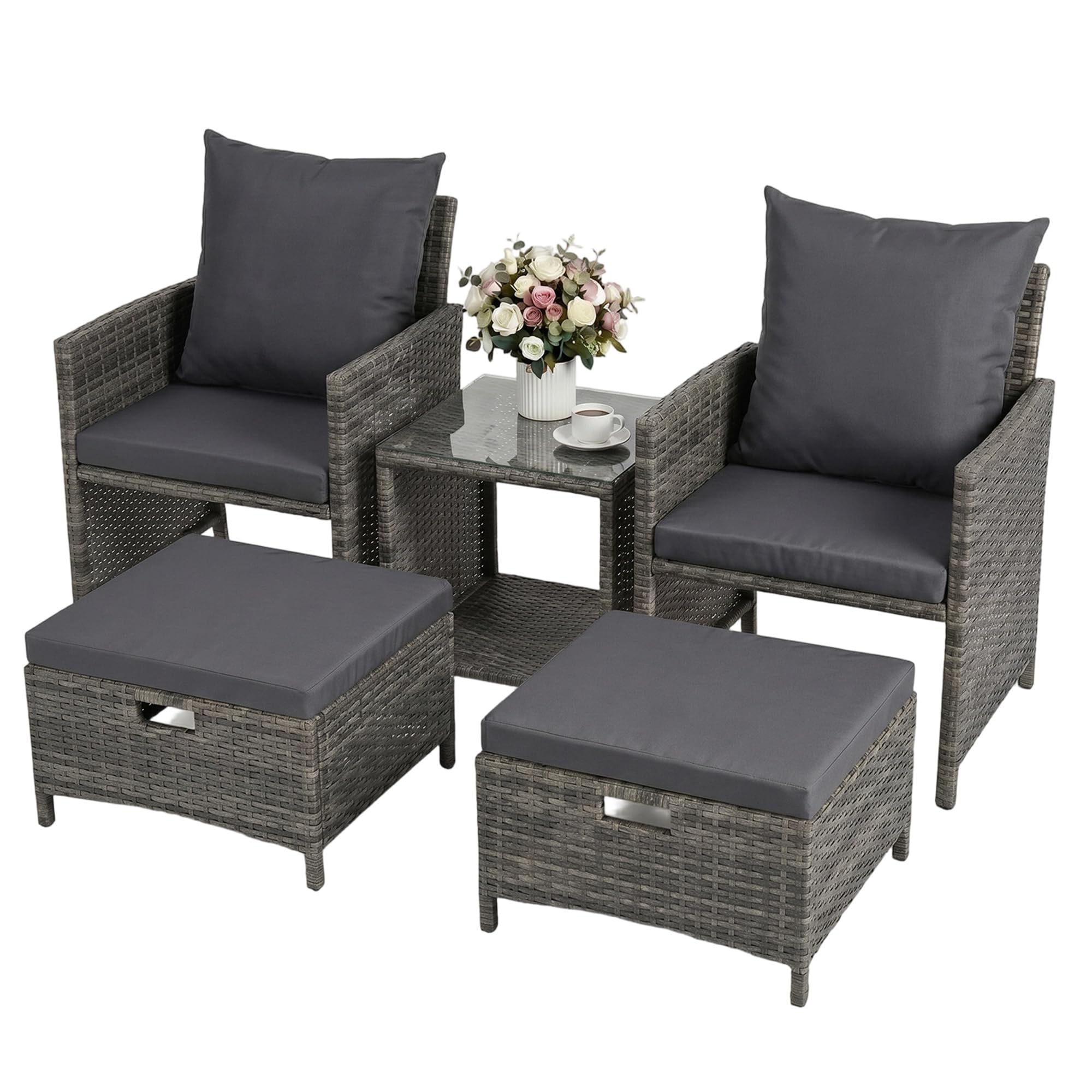 Grennswick 5-Piece Outdoor Rattan Garden Furniture Set with Storage - Includes 2 Armchairs, 2 Multi-Functional Ottomans & Coffee Table - PE Wicker Patio Conversation Set for Deck, Balcony, Backyard