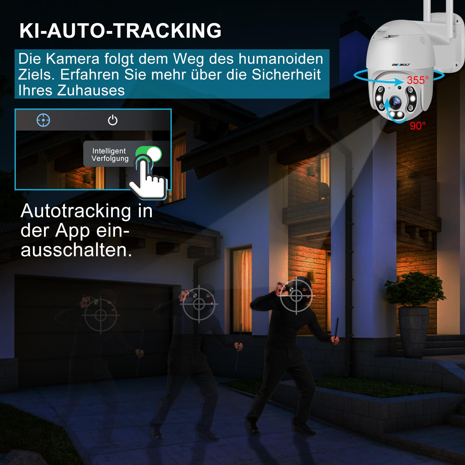 GENBOLT 2,5K Überwachungskamera Aussen WLAN, CCTV IP WiFi Camera Outdoor | 2,4/5GHz WiFi,Kabellose Dome PTZ, 355°/90° Schwenkbar, Automatische Verfolgung, Mit Licht