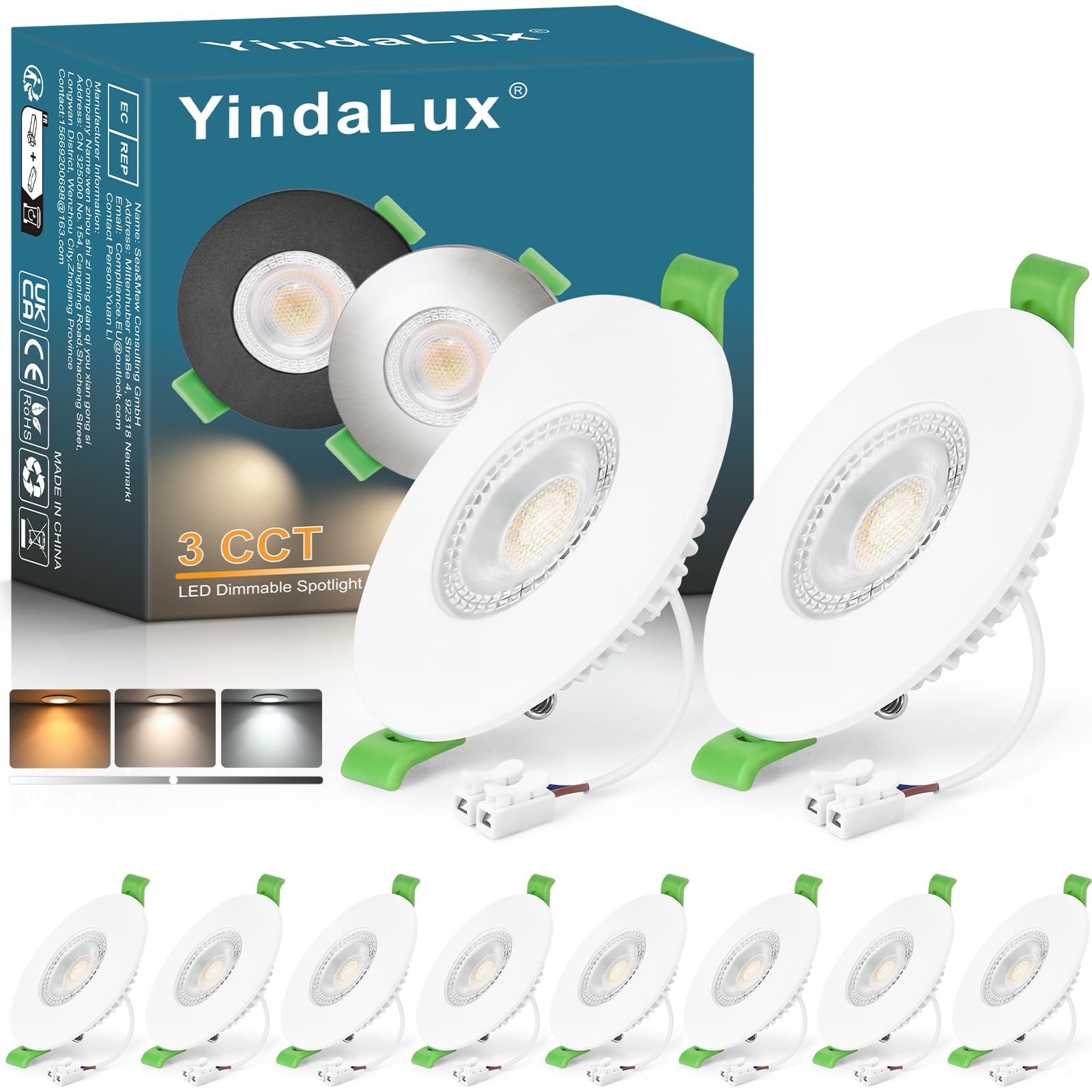 YindaLux Recessed LED Spotlight 230V Dimmable 7W 700LM – White Ceiling Spot, 60-75mm Hole Size, IP65 Bathroom Recessed Lighting – Warm 2700K | Neutral 4000K | Cool 6000K (10-Piece Set)