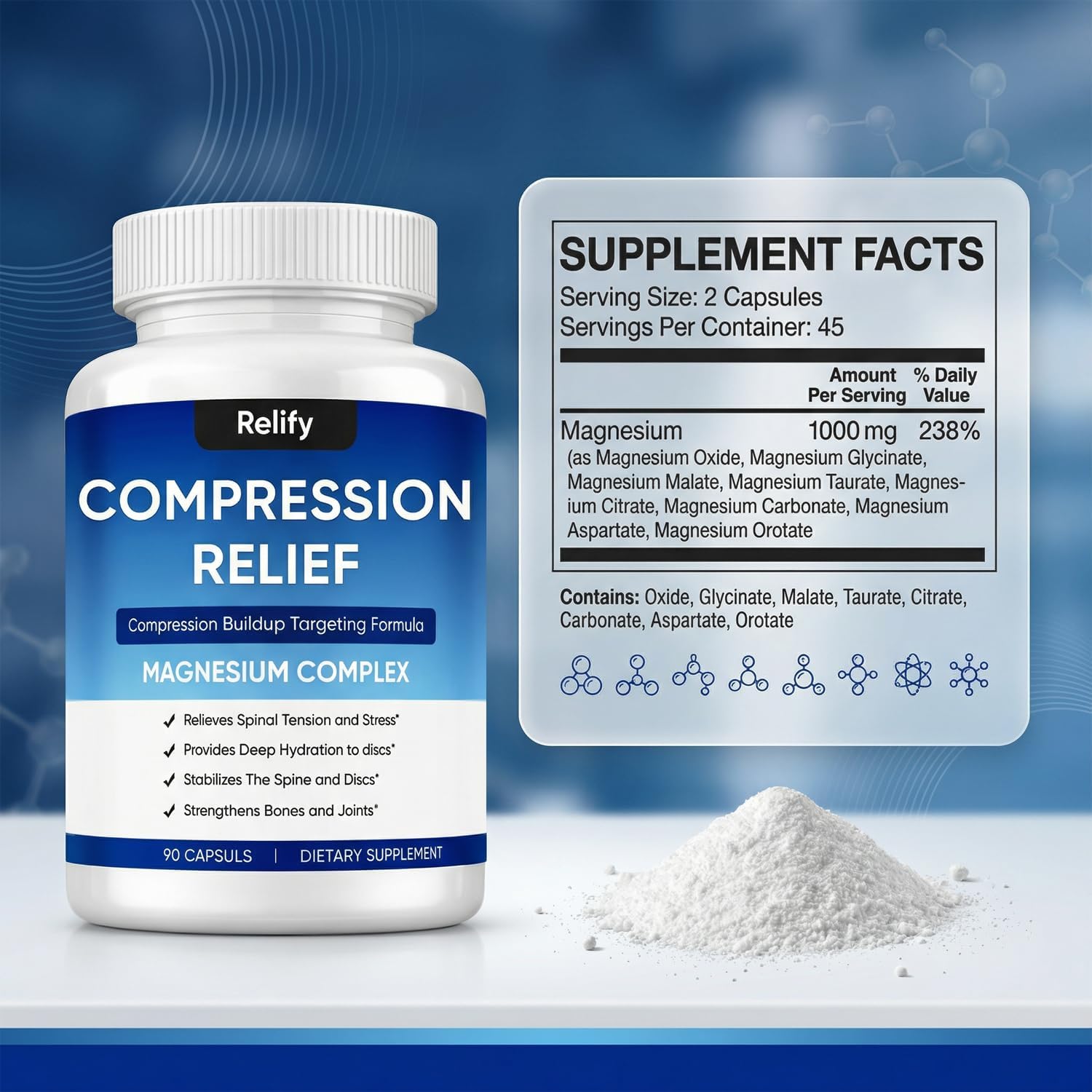 Mentara Relify Compression Relief Capsules with 1000mg Magnesium Complex for Women & Men, Support Back, Spine & Discs, Reduces Pressure, Non-GMO, 90 Capsules