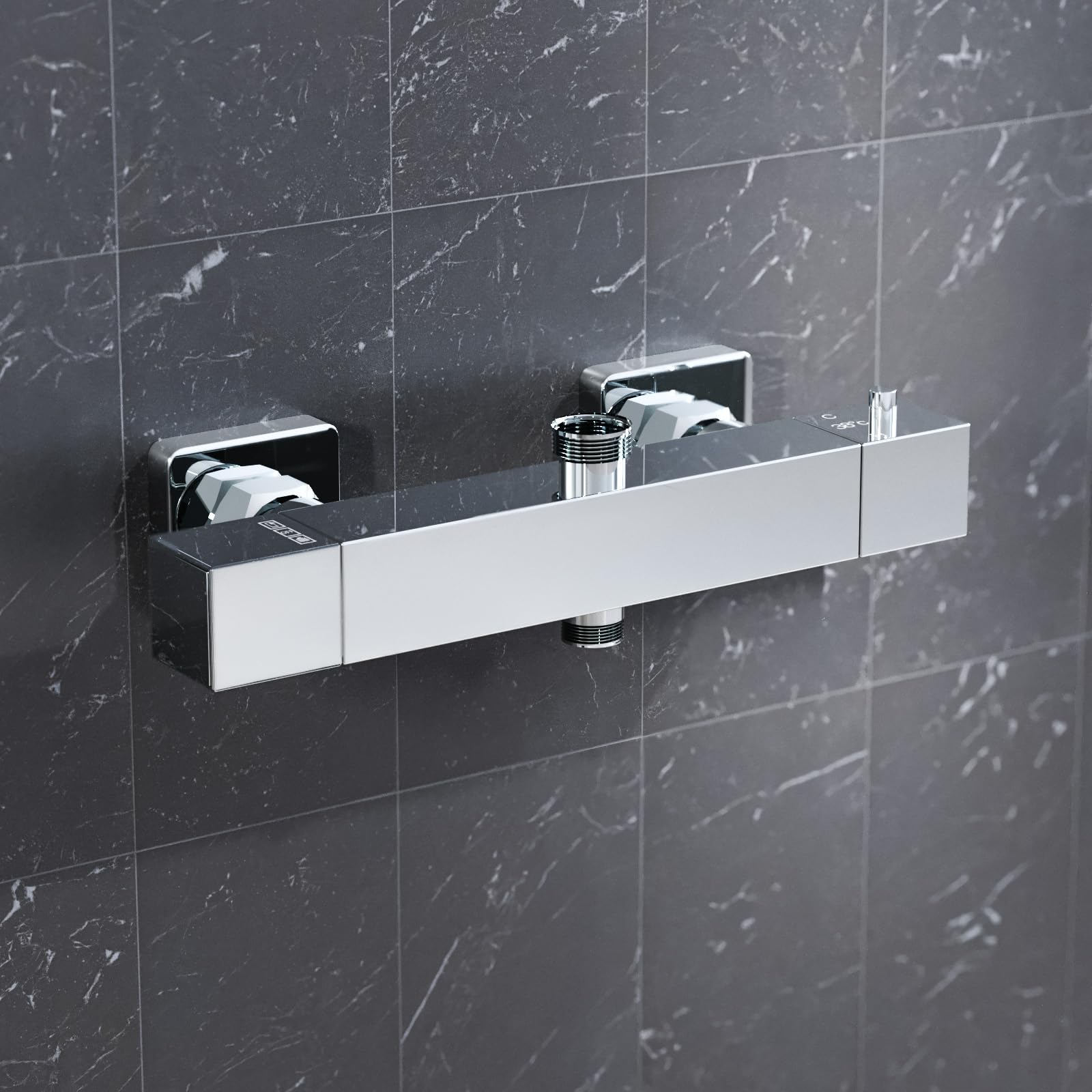 Nes Home Square Chrome Thermostatic Shower Bar Valve Double Outlet Wall Mounted