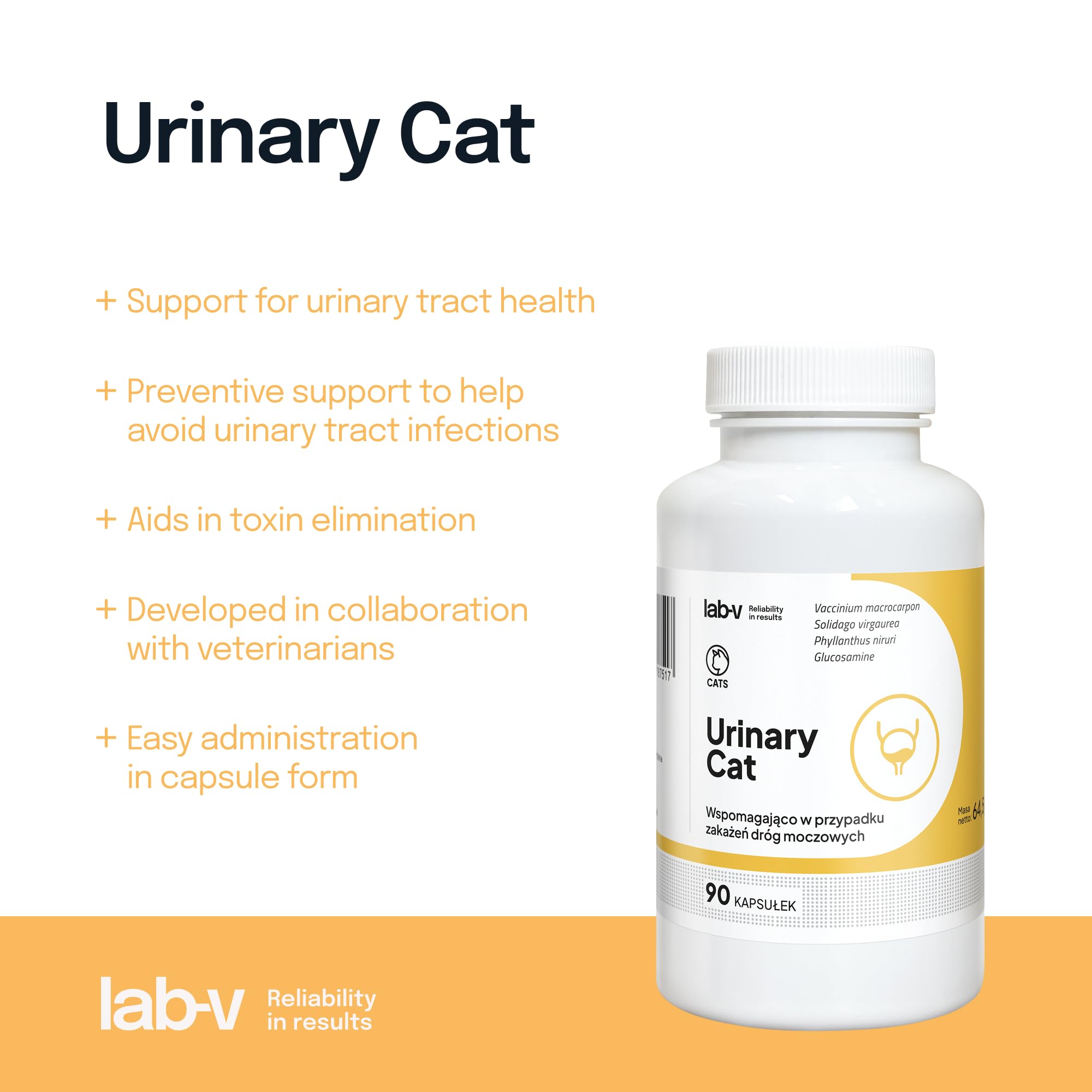 Lab-V Urinary Cat – Ergänzungsfuttermittel für Katzen zur Unterstützung der Harnwege – 90 Kapseln – mit Cranberry & DL-Methionin – ohne künstliche Zusatzstoffe