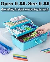 Vista 5 de Organizadores y Almacenamiento de Manualidades de Plástico de 3 Capas de 12 Pulgadas, Caja de Aparejos Plegable Portátil con Asa y Divisores