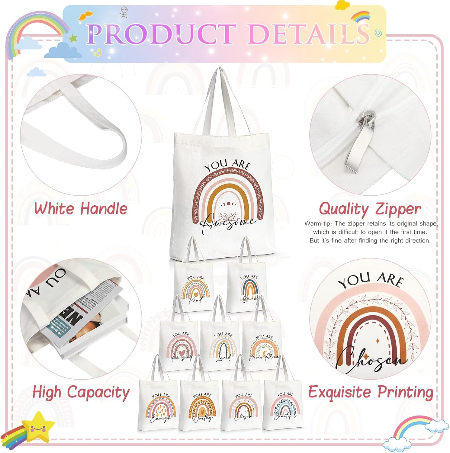 Sieral 10 Pcs Inspirational Gifts for Women, Canvas Bag Gifts with Zipper, Thank You Gift for Women Teacher Appreciation Gift(Rainbow) - Image 5