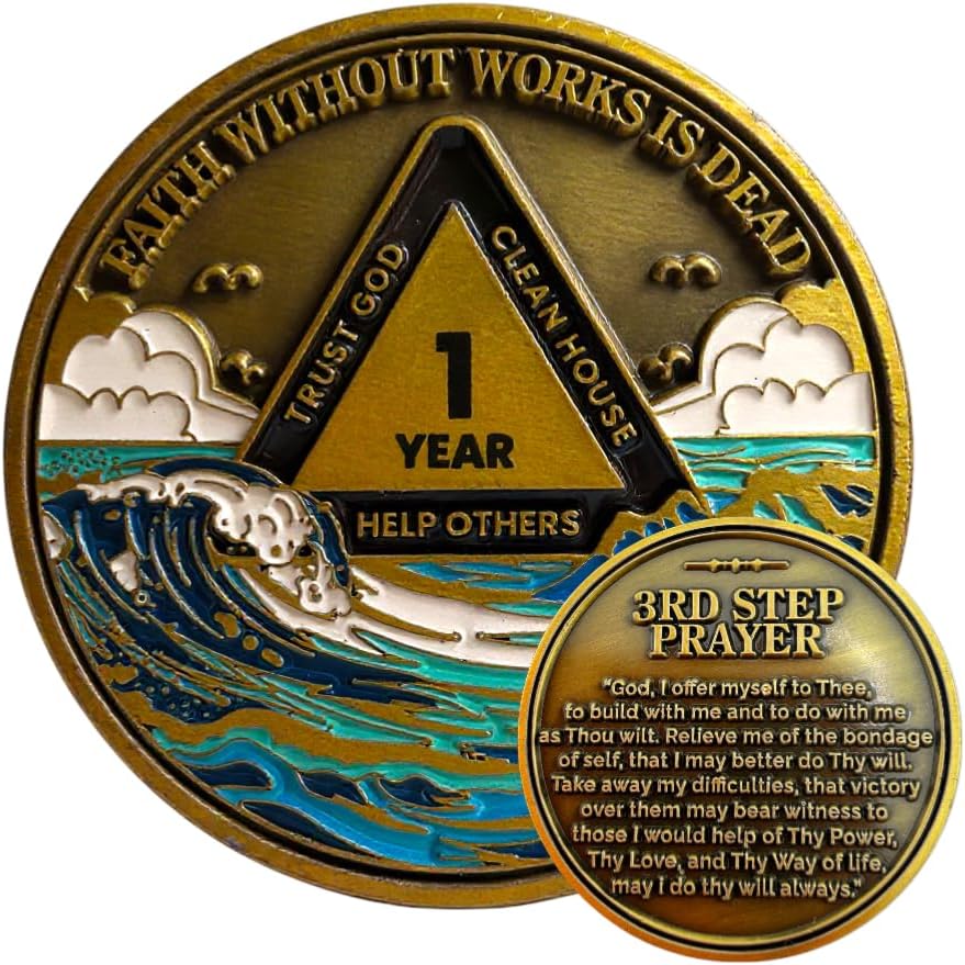 1 Year Sobriety Coin, Waves Medallion with Third Step Prayer; AA Coins and Medallions, Sobriety Coins & Sobriety Chips; Sobriety Gifts for Women & Men; One Day at a Time Gifts