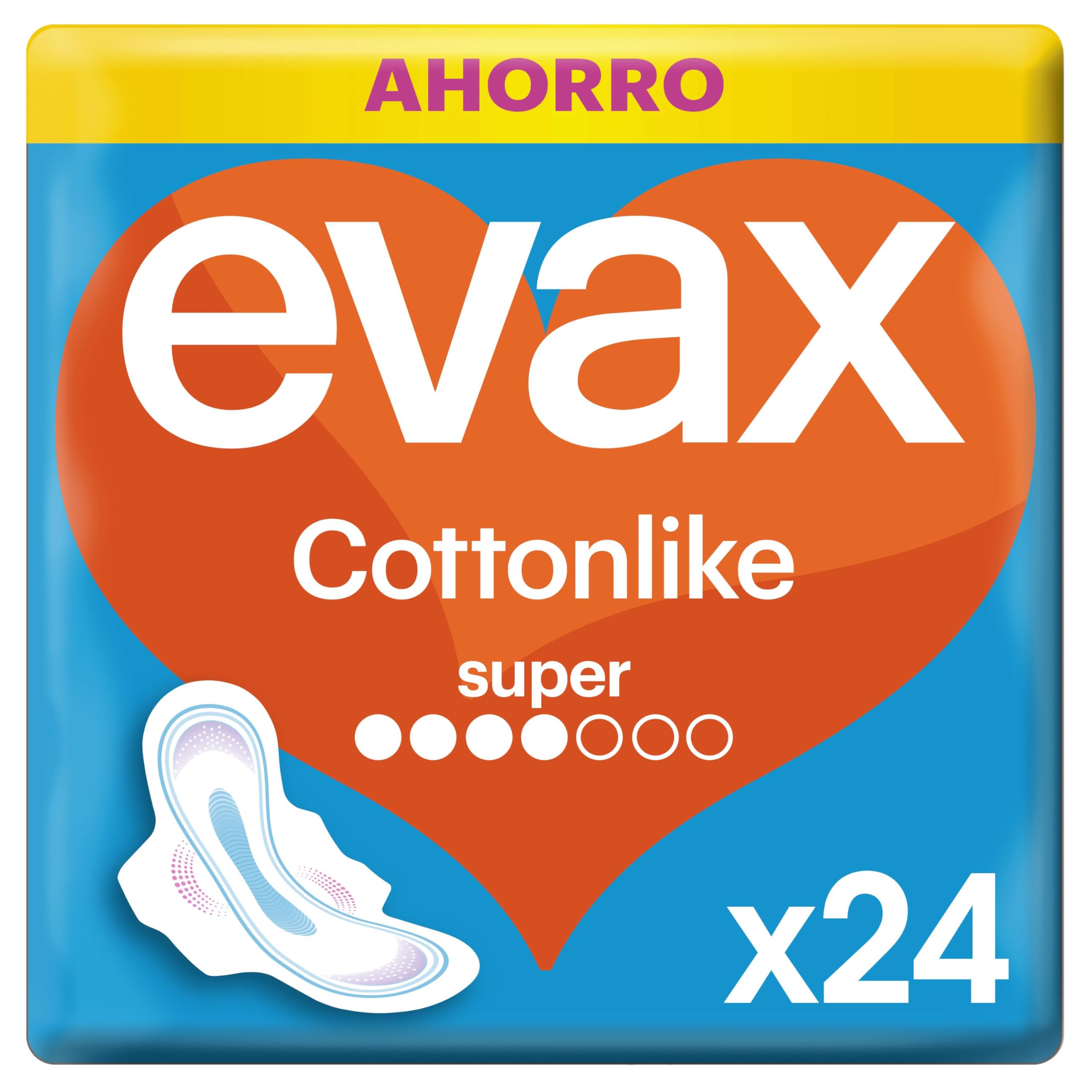 Evax Cottonlike Super Compresas Con Alas, Pack de 24, Protección Durante El Día, Absorben Flujo Repentino, Eliminan Malos Olores, Capa Superior Extrasuave, 100% Limpia y 0% Olor