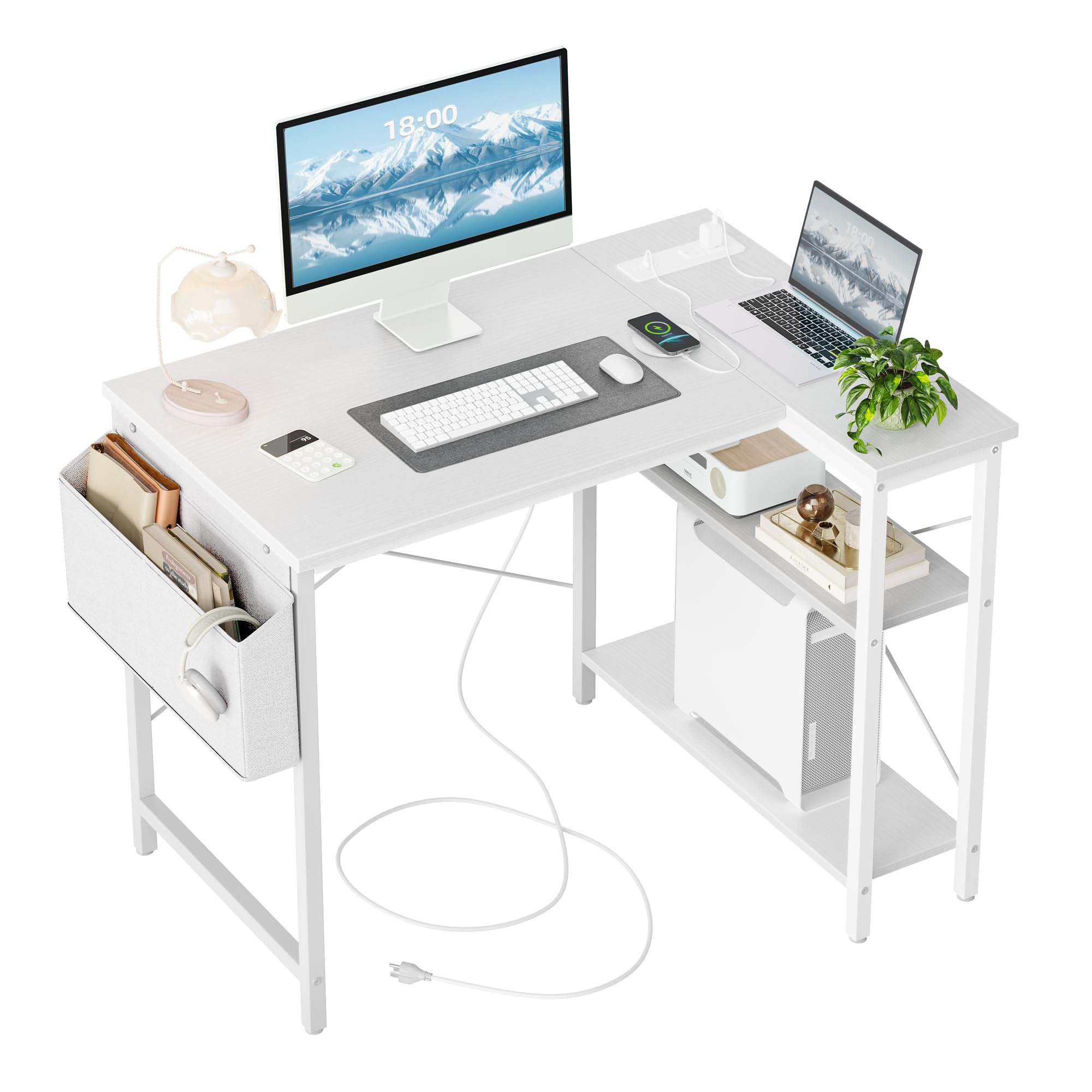 Photo 1 of ***MISSING HARDWARE*** TIQLAB Small Computer Desk with Power Outlets, 40 Inch L Shaped Desk with Reversible Shelves, Gaming Desk Corner Desk Study Writing Desk for Home Office Bedroom Small Space, White