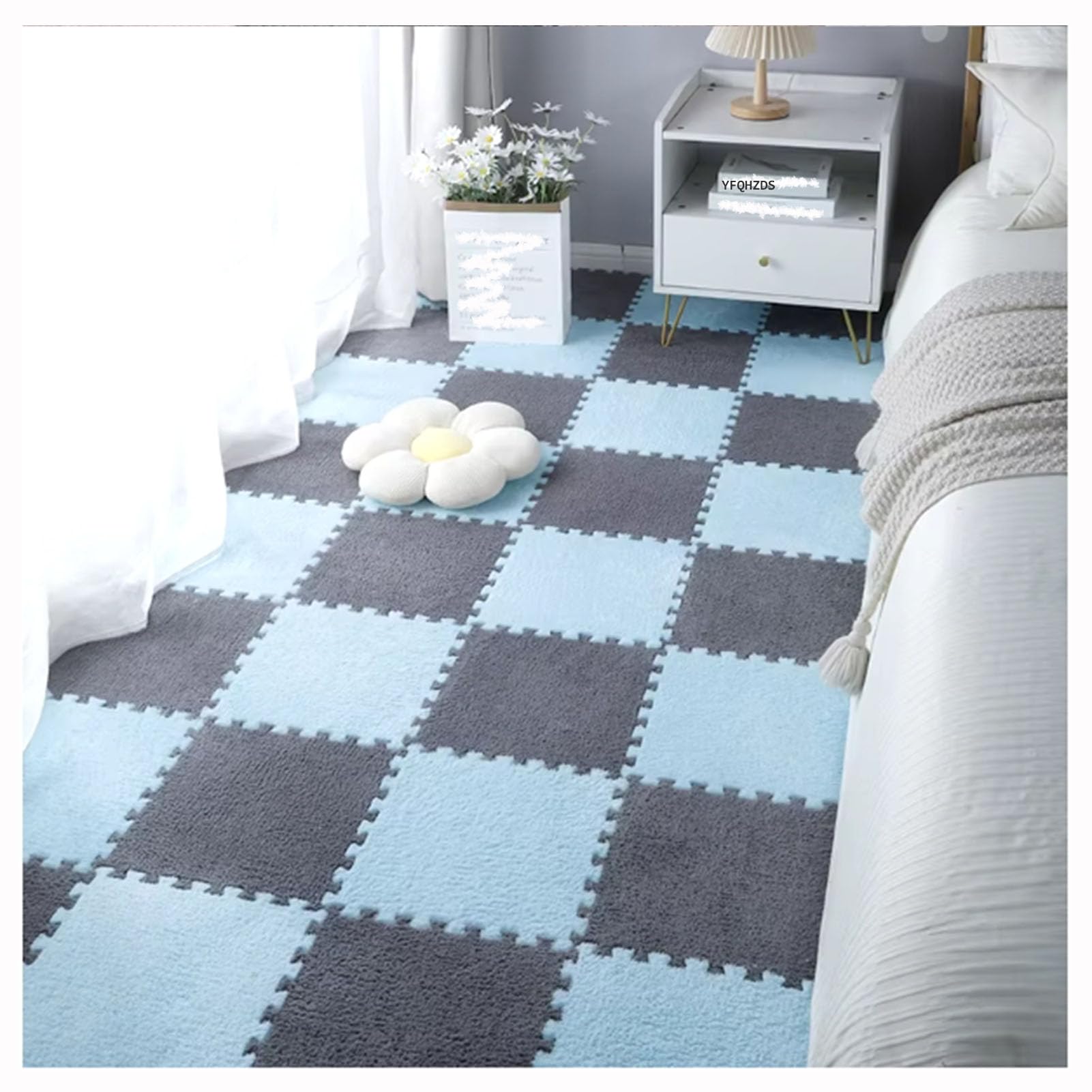 Mata do układania puzzli Mata podłogowa z puzzli piankowych, opakowanie 100 sztuk blokujących płytek dywanowych wielokolorowych 12x12 cali(Blue+gray)
