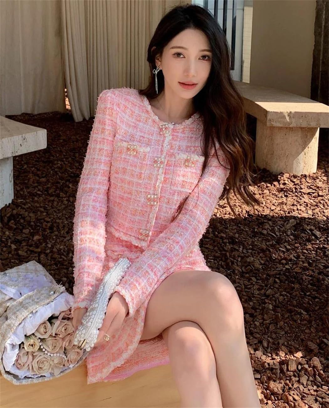 Women's Winter Knitted 2 Piece Set Elegant Cardigan Sweater with Diamonds Beaded Fishtail Skirt Chic Outfit