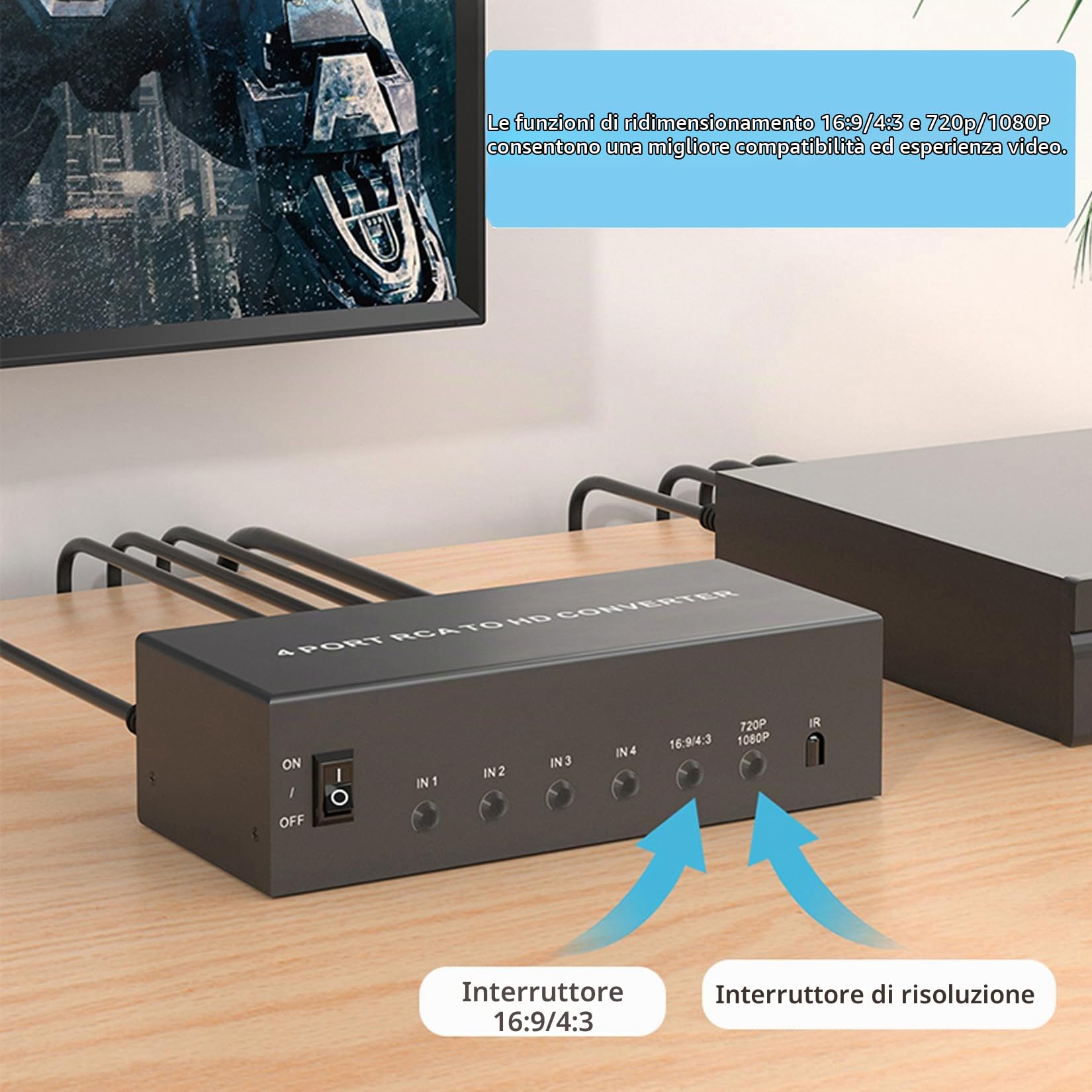 Convertitore da RCA a HDMI 4 AV (rosso, giallo bianco) in adattatore HDMI out, adattatore audio video composito RCA a HDMI1080P/720P, con telecomando e alimentazione, per Wii/TV/PC/PS3/STB/Xbox VHS