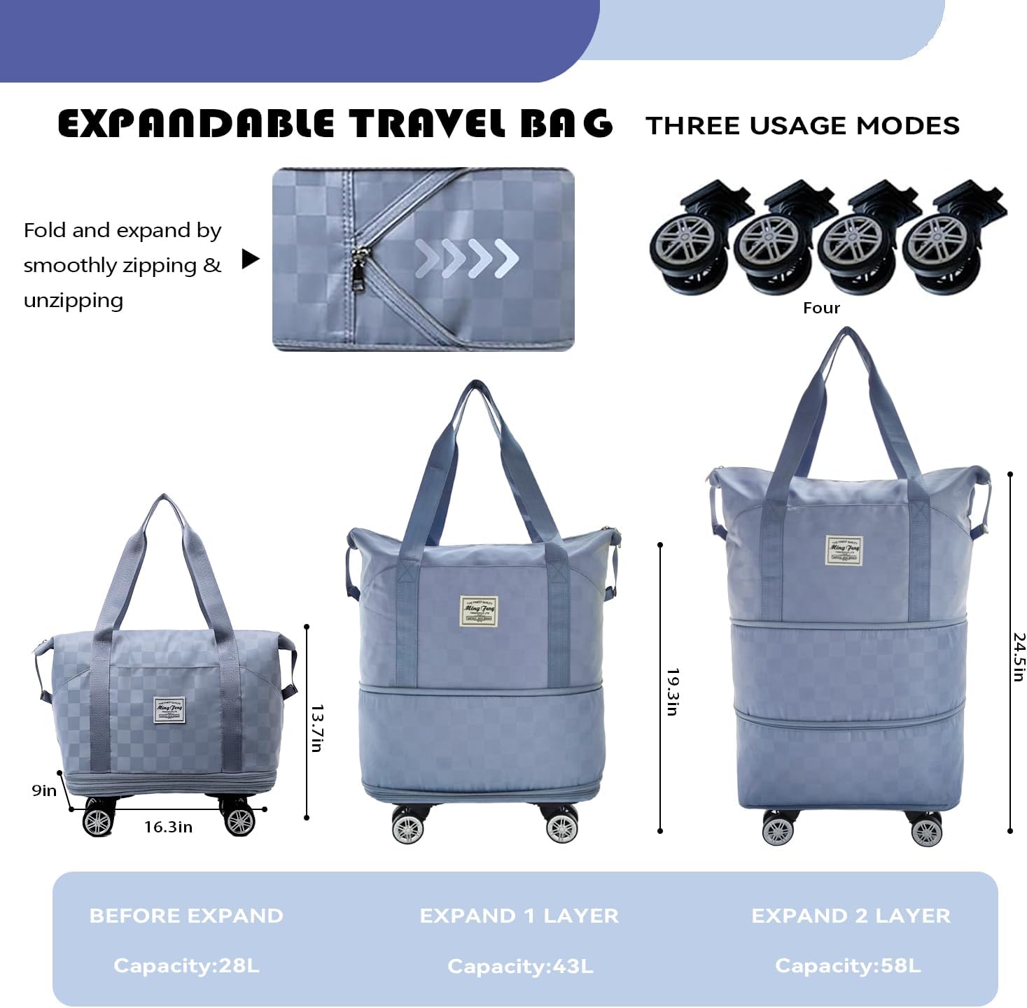 Rolling Duffle Bag with Wheels, 28-58L Expandable Foldable Travel Bag, Lightweight Carry-On Bag for Gym, Camping, Weekend Trips, Business Travel, Weekend Bag for Women & Men(Blue) - Image 2