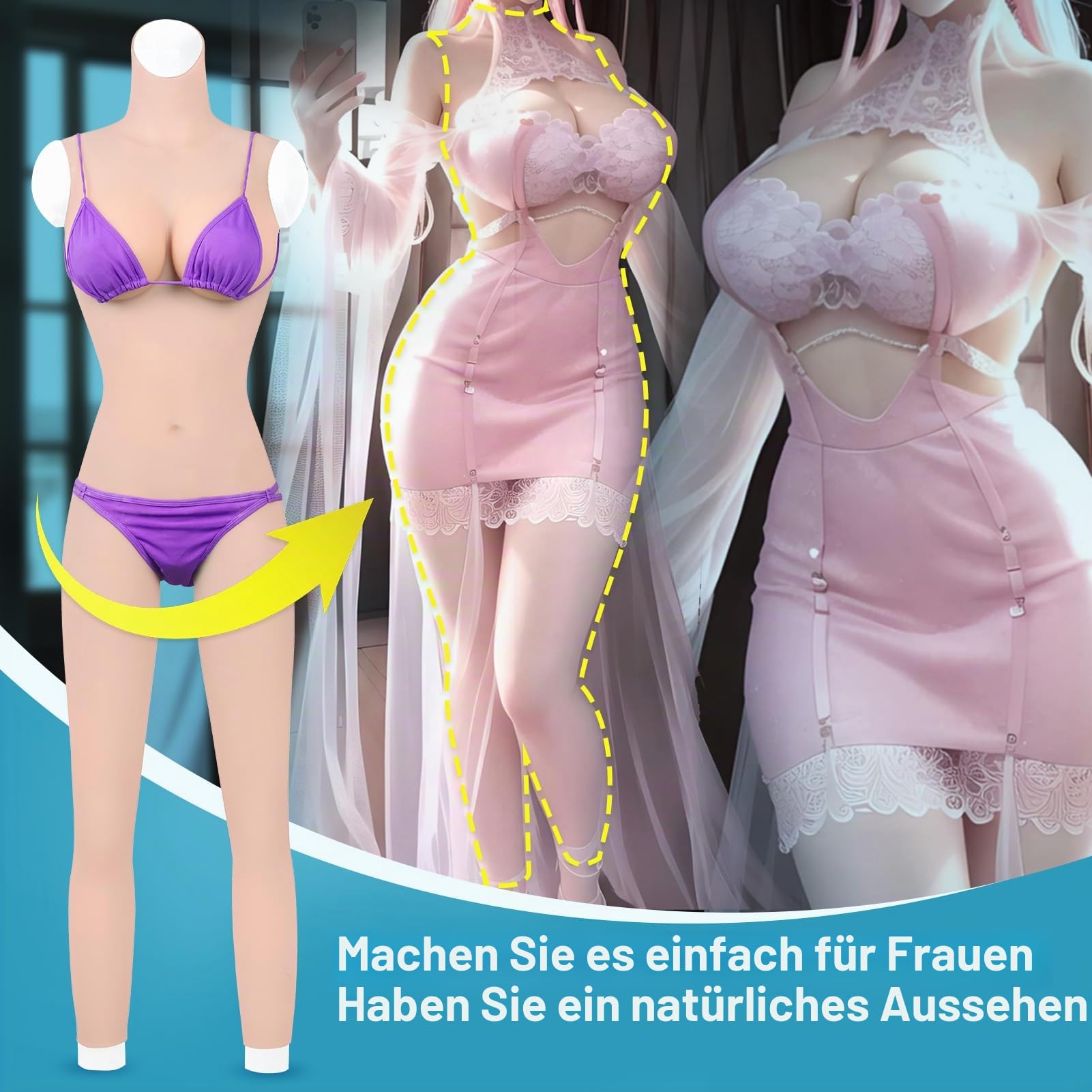 Silikon Crossdresser Ganzkörper Anzug Weibliches Aussehen für Transgender Stuhlgang und Urinieren Gefälschte Vagina Falsche Brust mit Gelfüller Prothesenanzug (Helle Haut - D Cup)