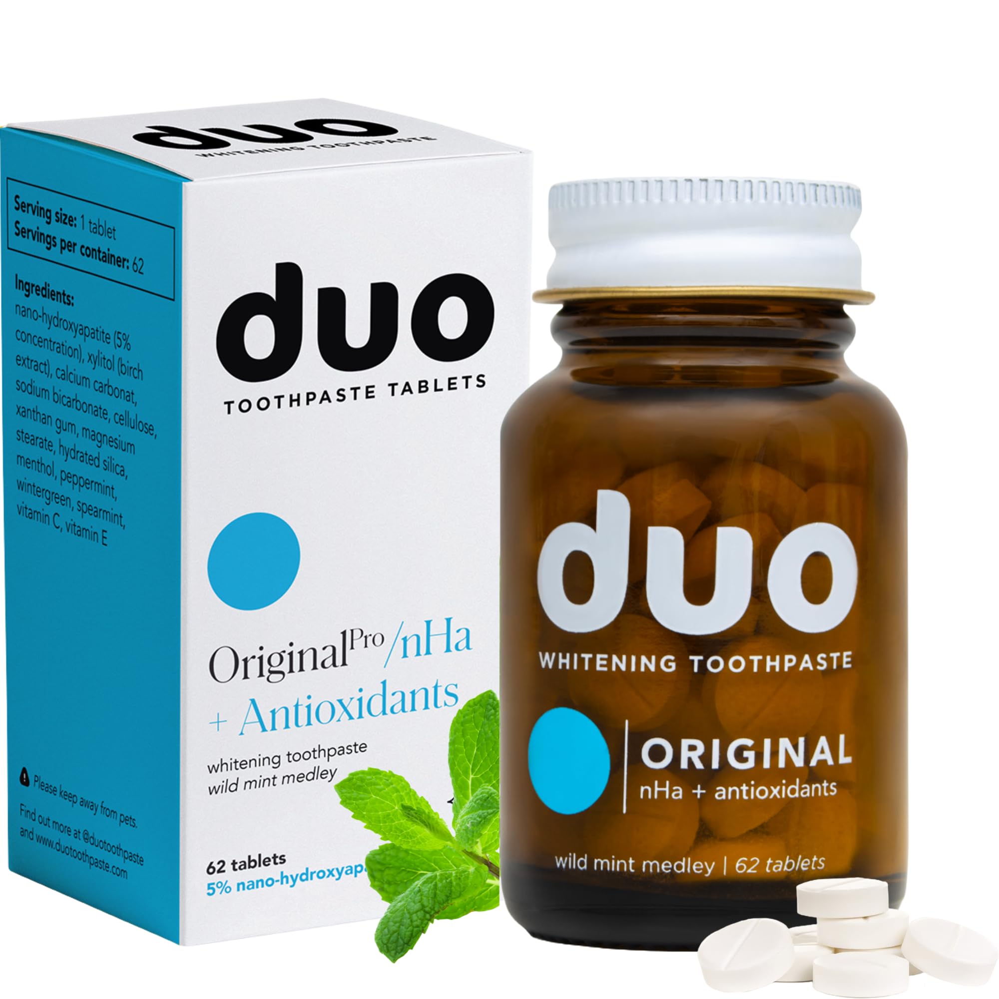 Duo Natural Whitening Toothpaste Tablets | Nano-Hydroxyapatite (nHa) to Remineralize & Reduce Sensitivity | Sustainable & Plastic Free | Dentist Created | Wild Mint Medley - 1 Bottle / 62 Tablets