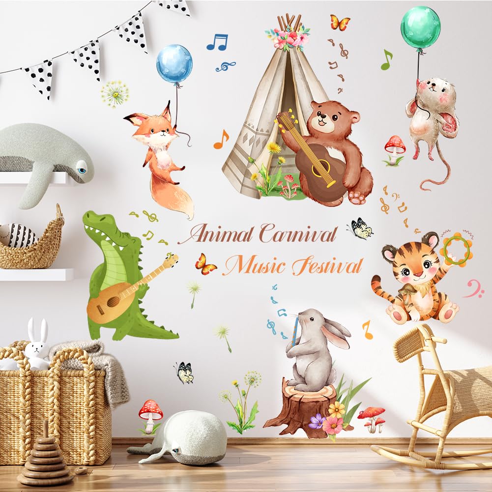 Animal Music Festival Wall Decals - Peel & Stick Removable Safari Wall Stickers For Kids Room, Nursery, Classroom