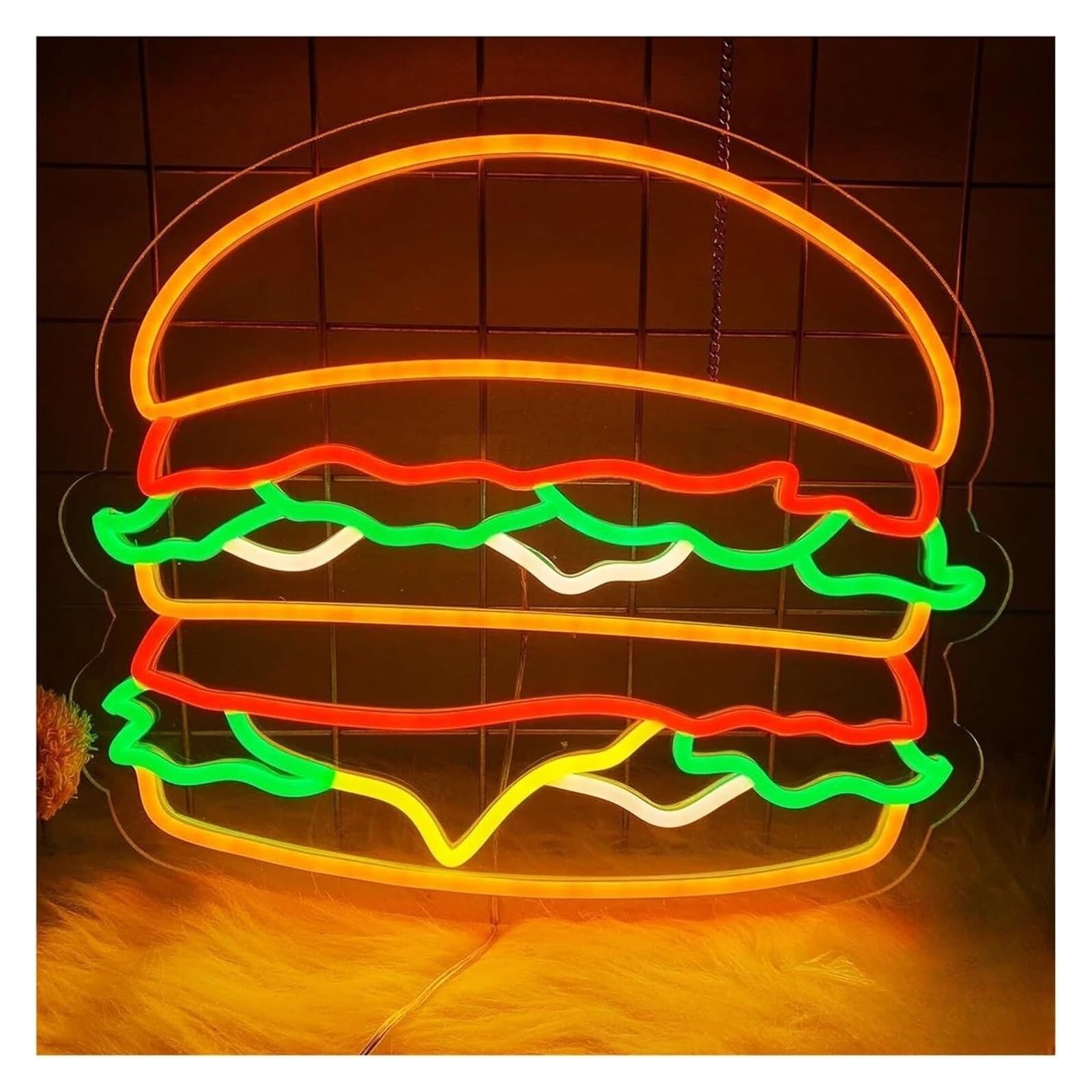 Wexxaii neon Light Sign Neon Sign Hamburger Shape Powered Dimmable Applicable to Restaurants